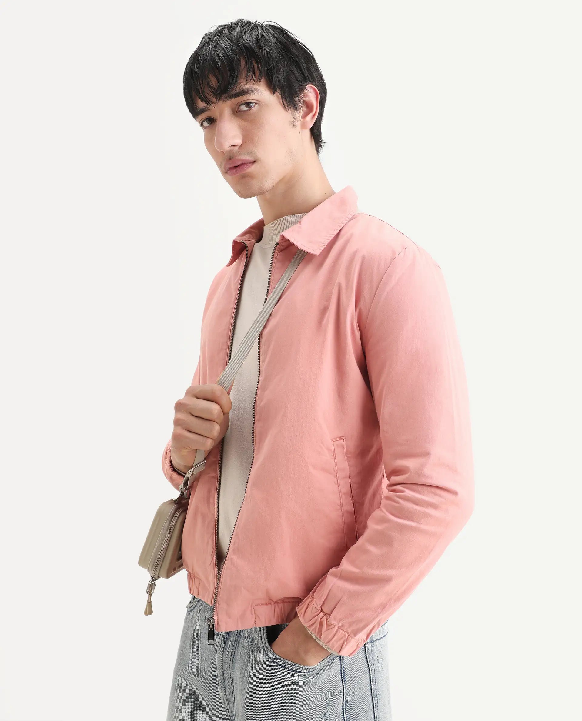 Rare Rabbit Men's Flinsten Dusky Pink Cotton Plain Regular Fit Full Sleeve Spread Collar Jacket