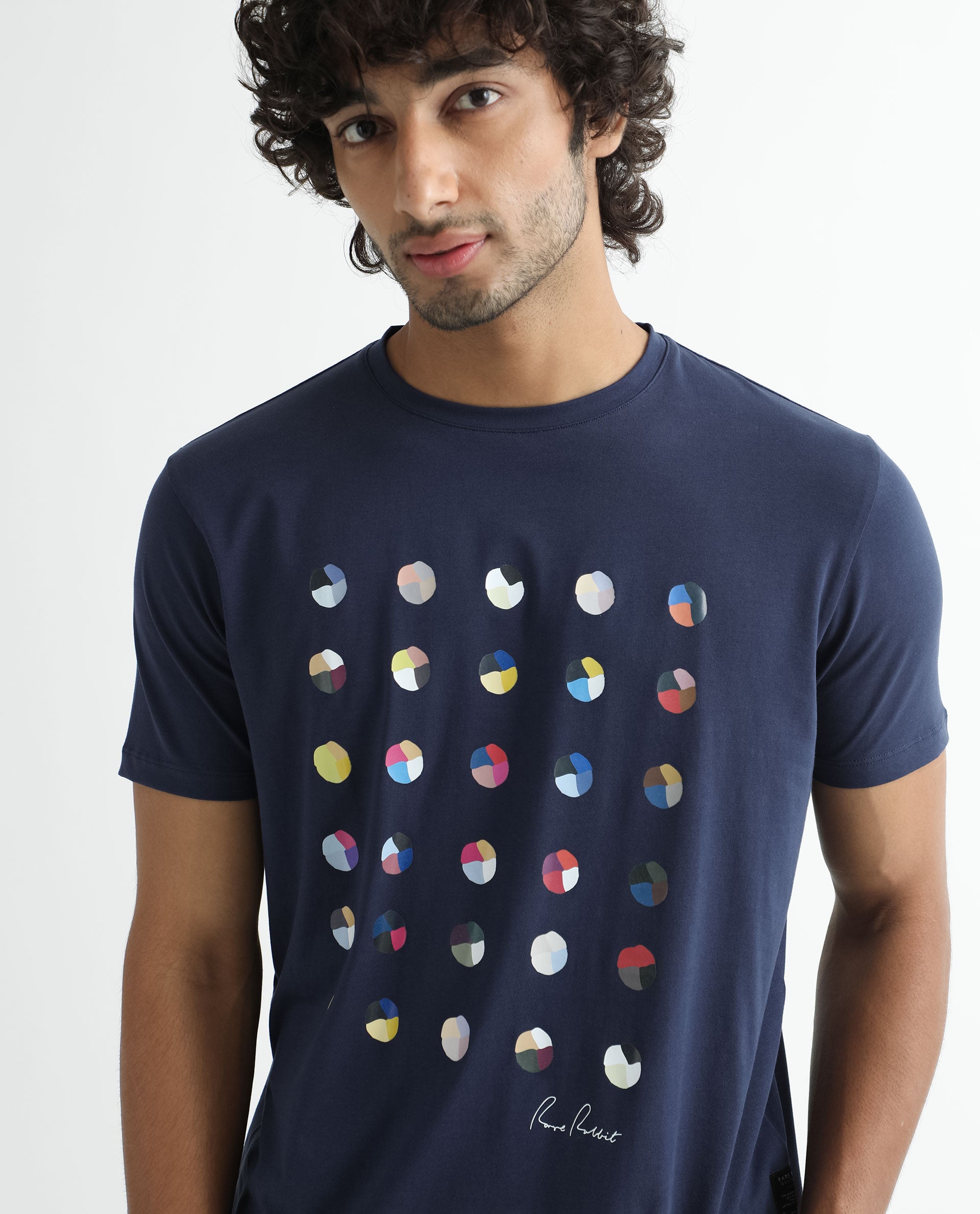 Rare Rabbit Men's Flipp Navy Crew Neck Abstract Polka Print Half Sleeves Slim Fit T-Shirt
