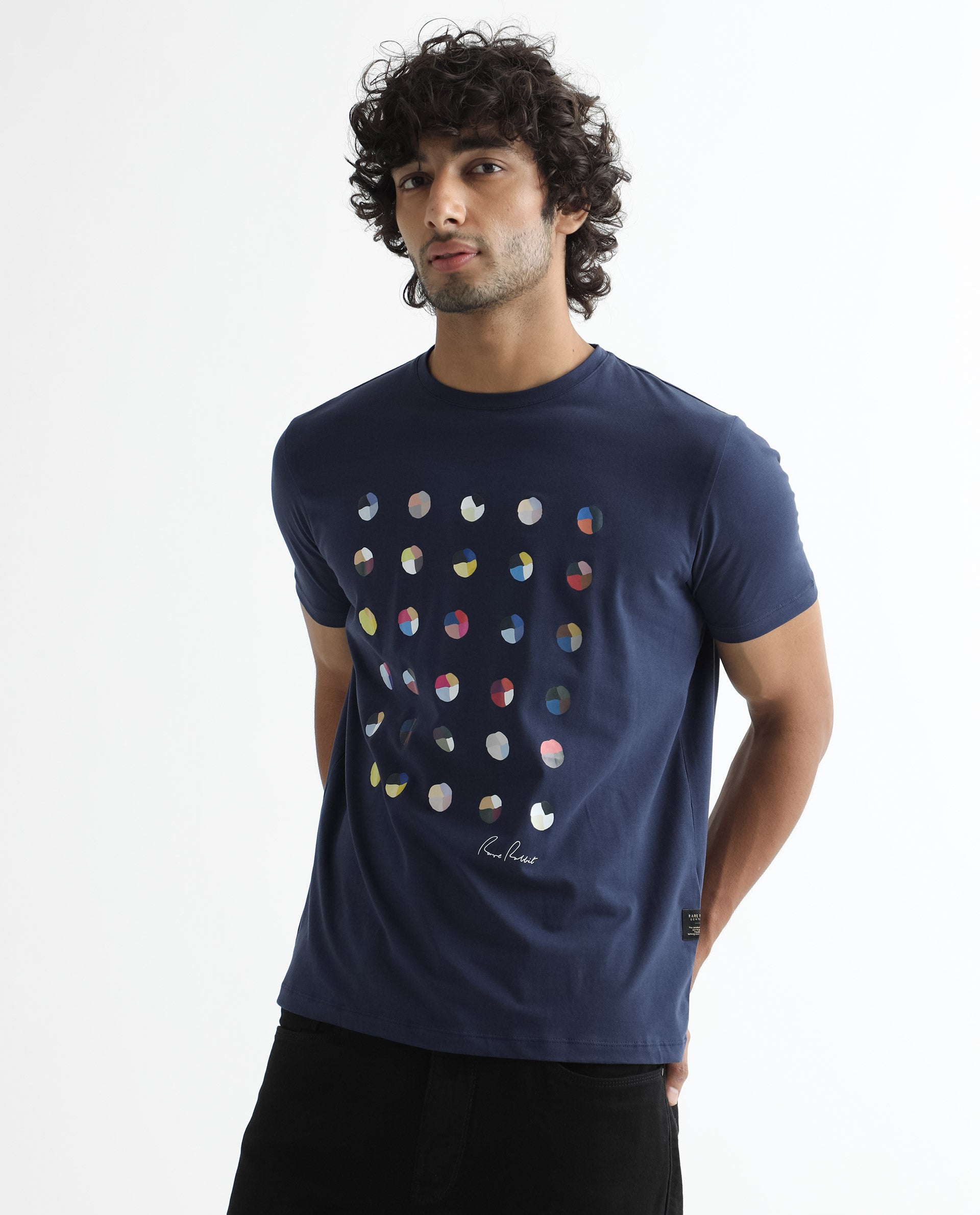 Rare Rabbit Men's Flipp Navy Crew Neck Abstract Polka Print Half Sleeves Slim Fit T-Shirt