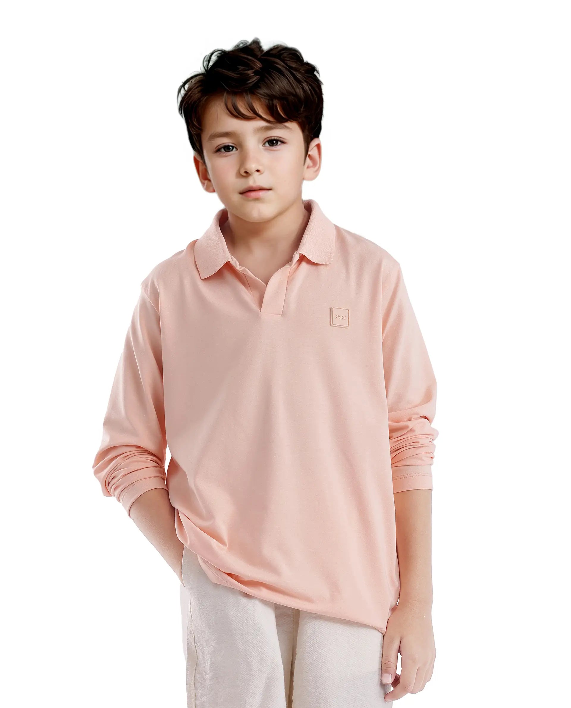 Rare Ones Kids Flit Light Peach Cotton Poly Full Sleeve Polo Neck Solid Polo