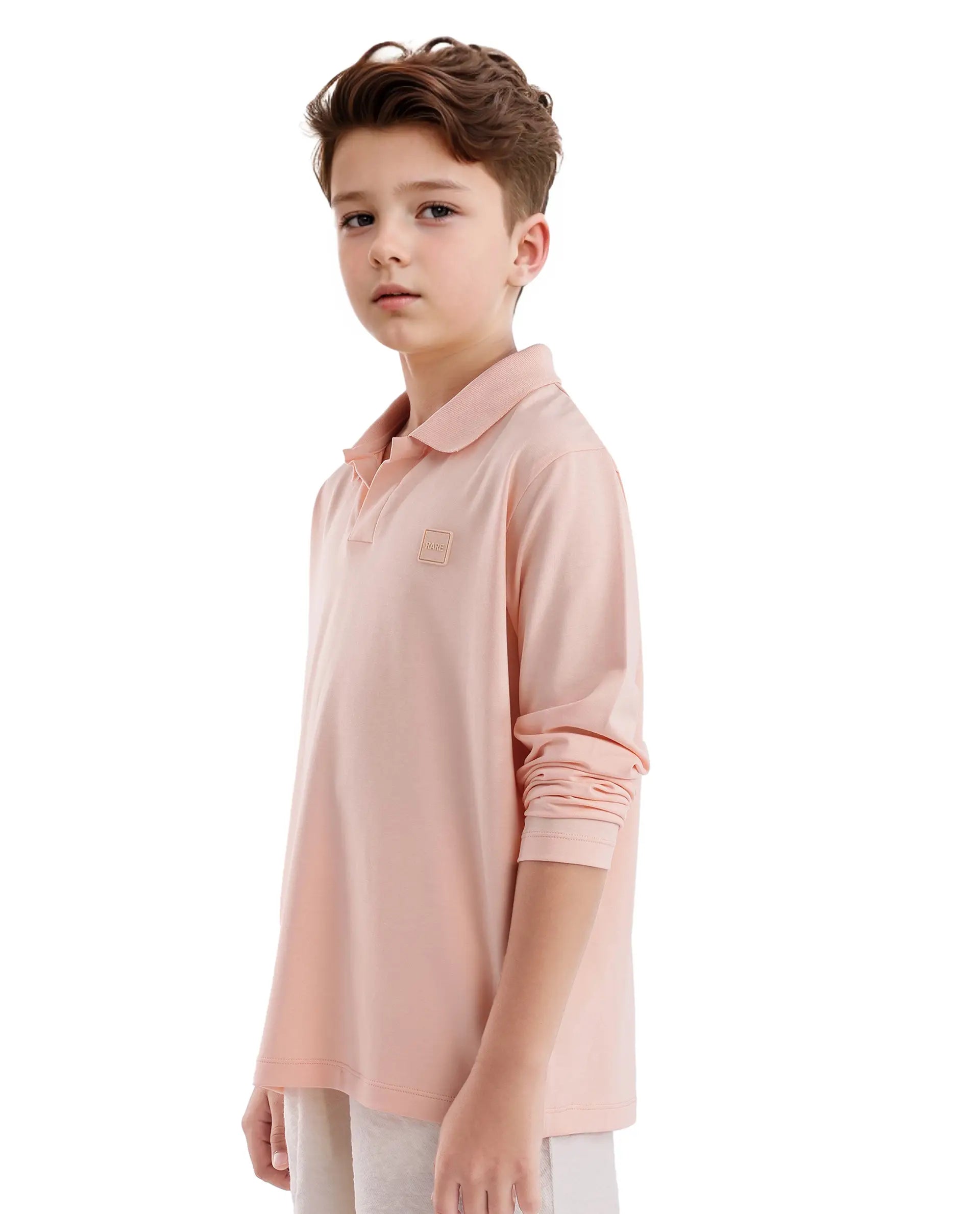 Rare Ones Kids Flit Light Peach Cotton Poly Full Sleeve Polo Neck Solid Polo