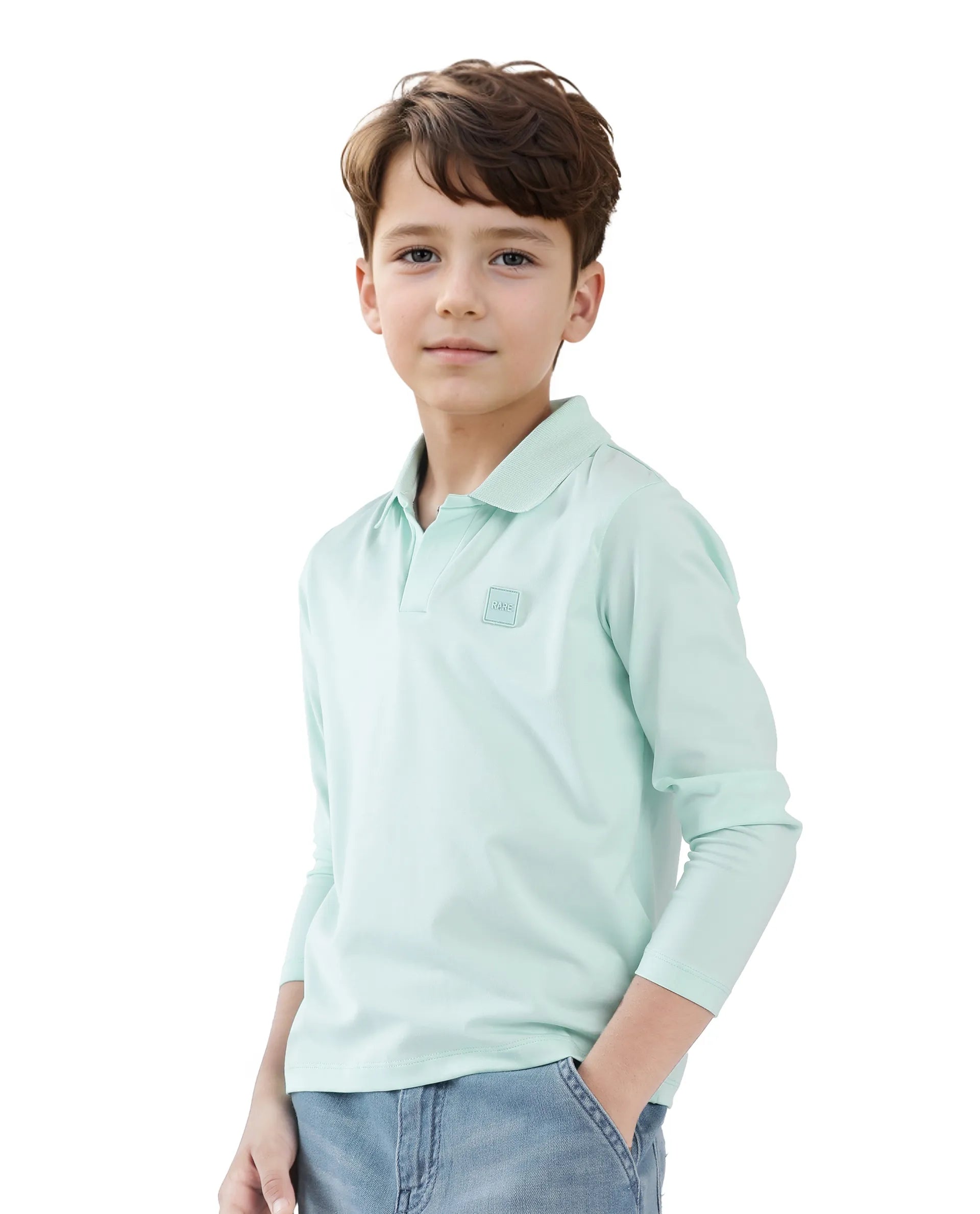 Rare Ones Kids Flit Pastel Green Cotton Poly Full Sleeve Regular Collar Solid Polo