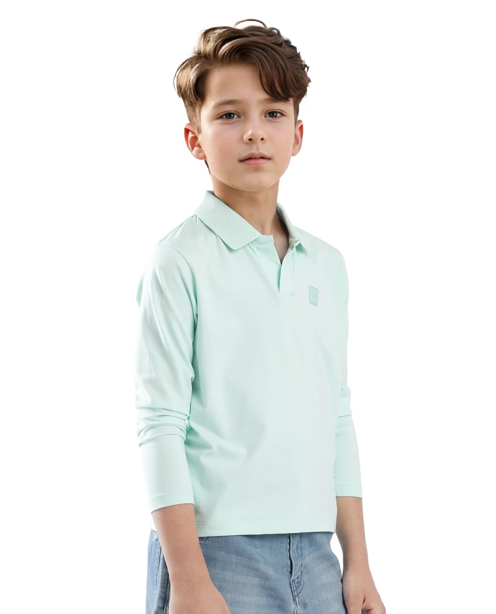 Rare Ones Kids Flit Pastel Green Cotton Poly Full Sleeve Regular Collar Solid Polo