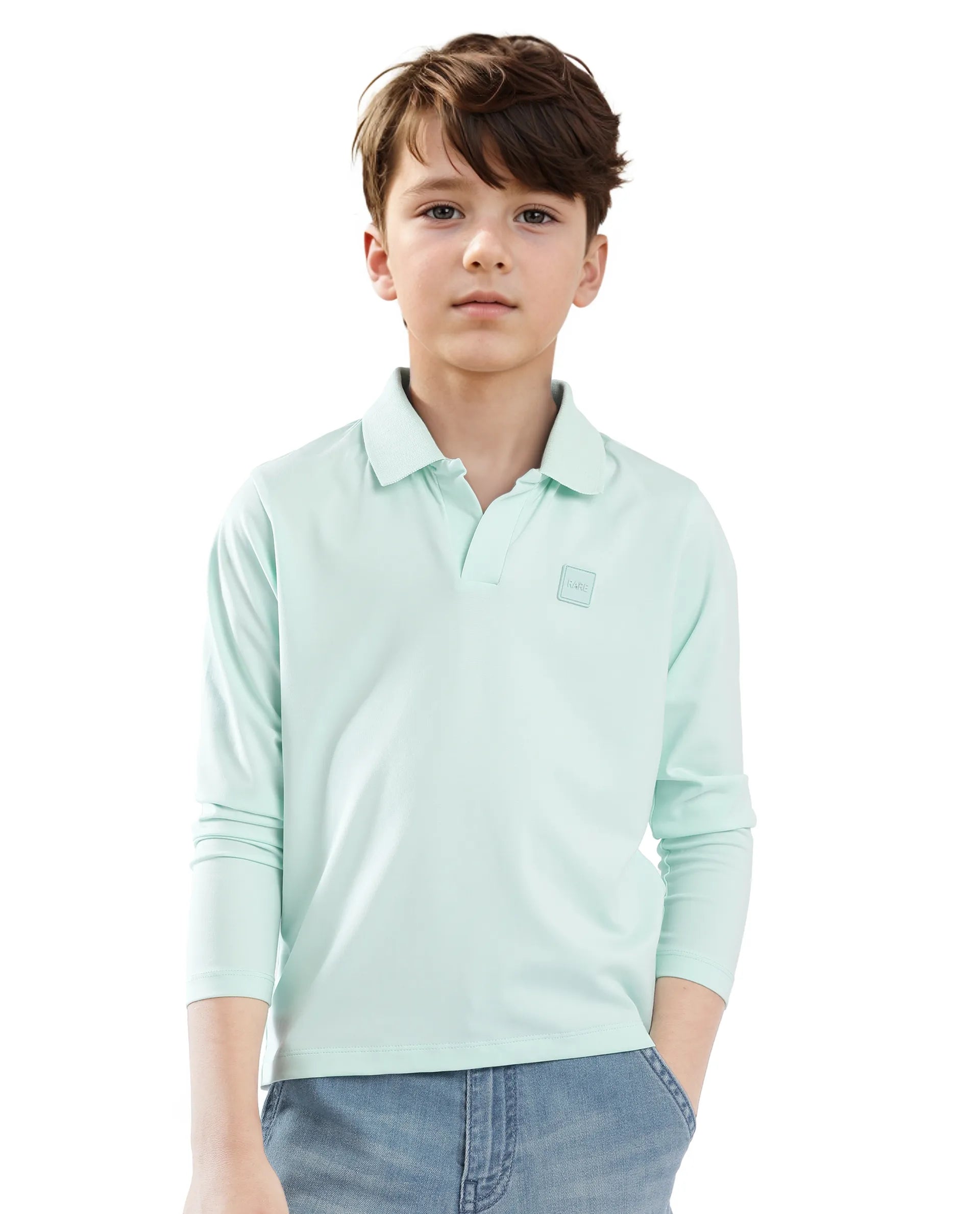 Rare Ones Kids Flit Pastel Green Cotton Poly Full Sleeve Regular Collar Solid Polo