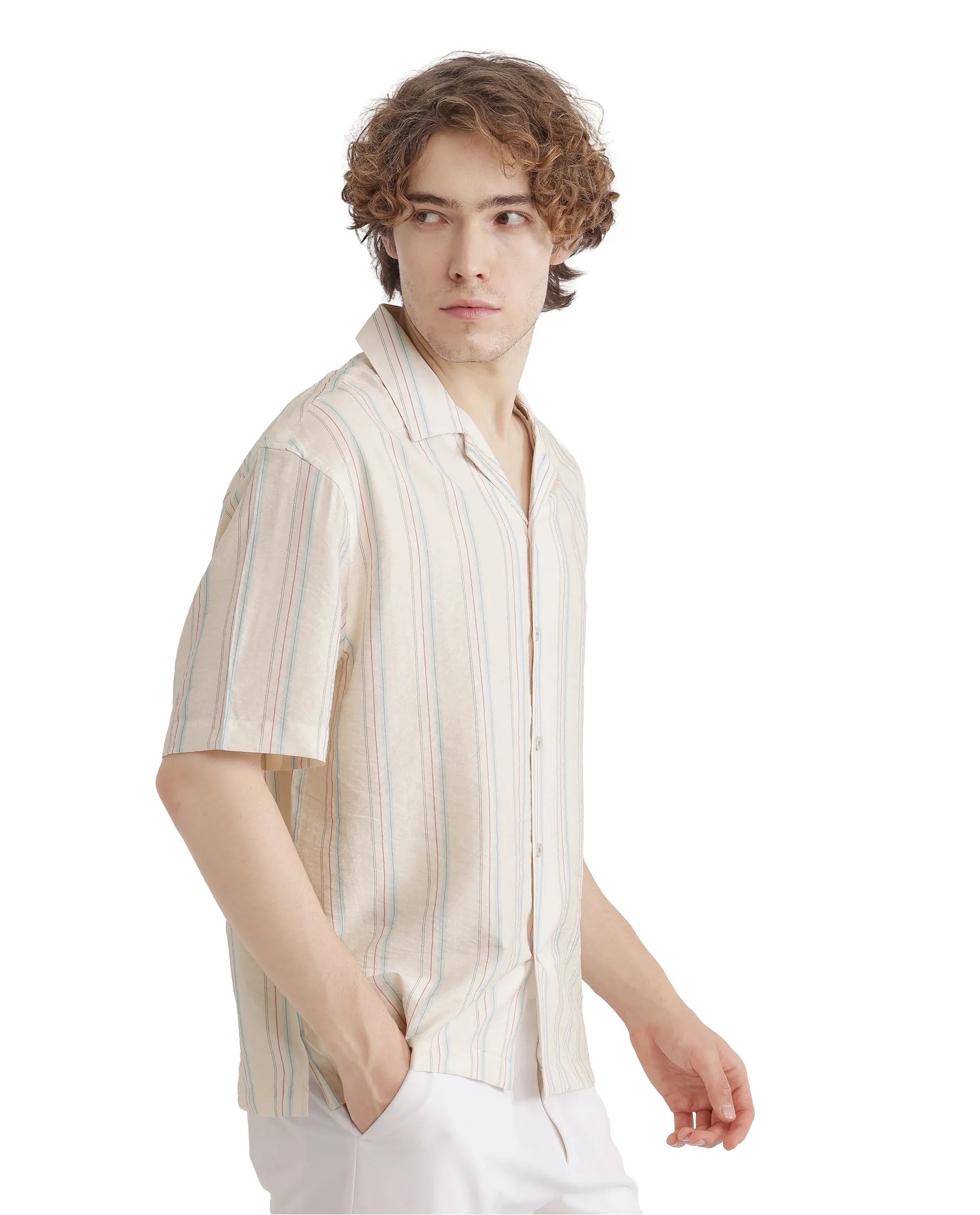 Rare Rabbit Men's Flitzom Offwhite Cotton Fabric Short Sleeve Collared Neck Button Closure Printed Shirt