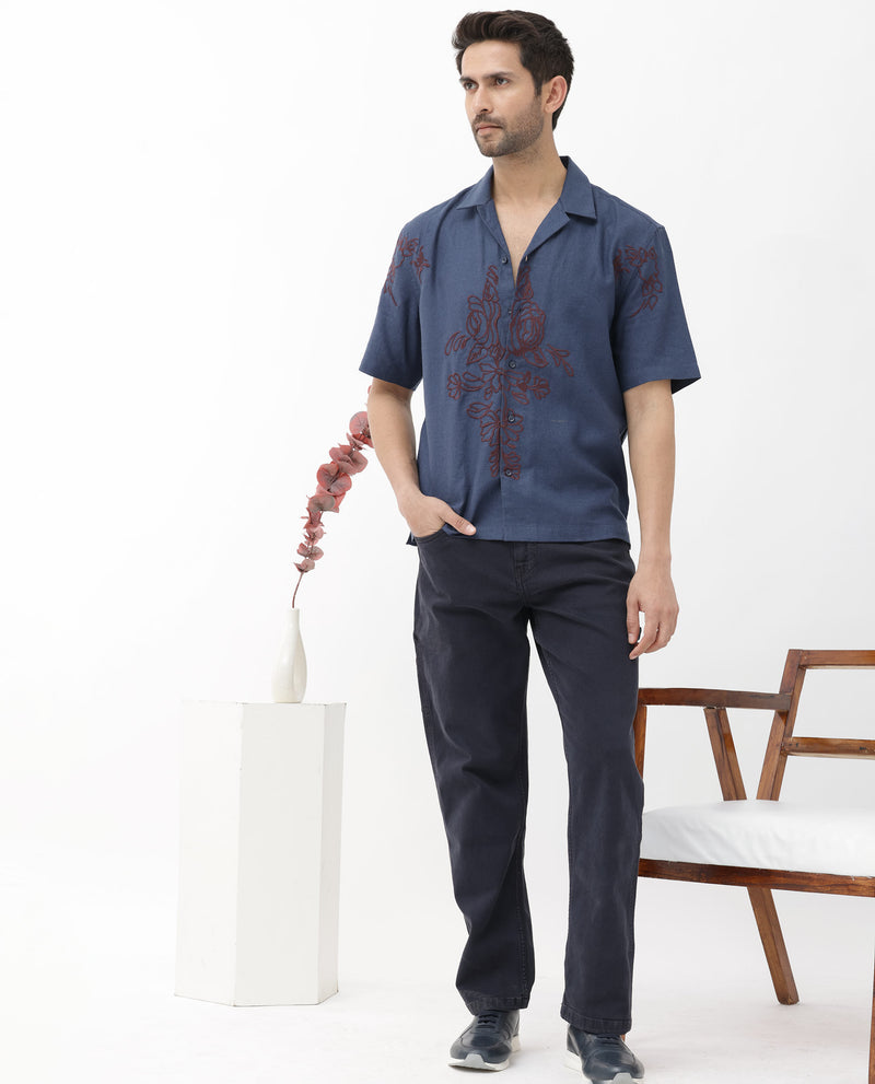 Rare Rabbit Men's Flmbo Navy Cotton Linen Modal Fabric Half Sleeves Floral Embroidered Shirt