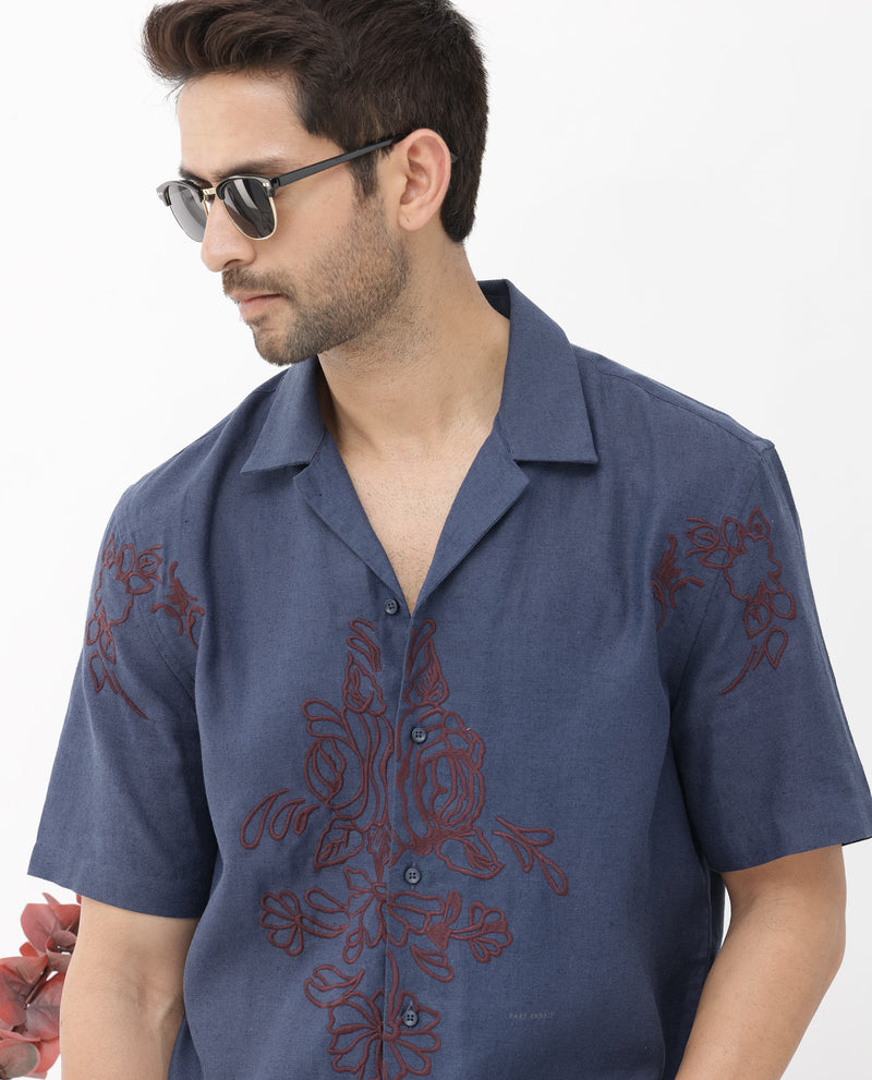 Rare Rabbit Men's Flmbo Navy Cotton Linen Modal Fabric Half Sleeves Floral Embroidered Shirt