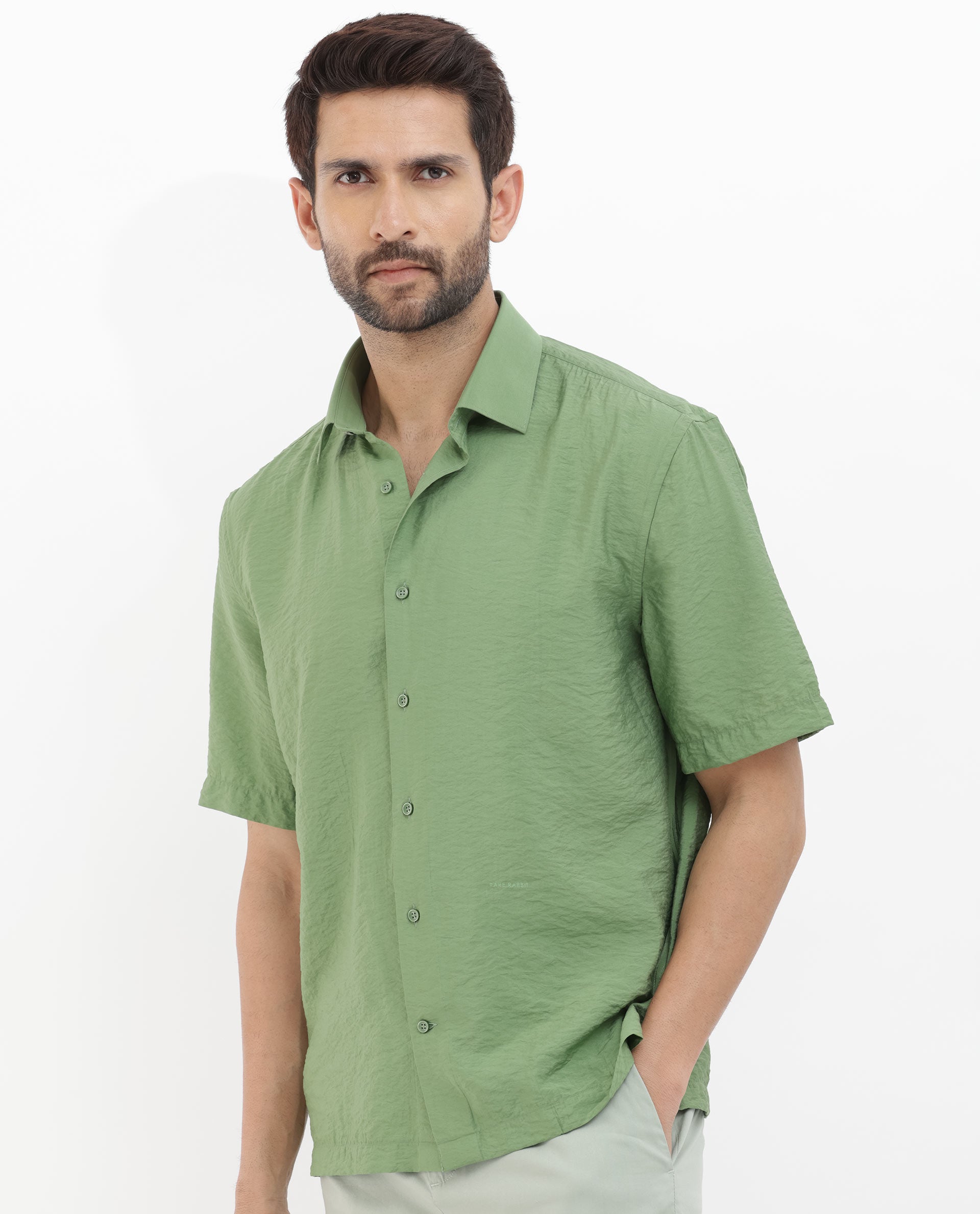 Rare Rabbit Men's Flo Green Viscose Fabric Half Sleeves Boxy Fit Creased Effect Solid Shirt