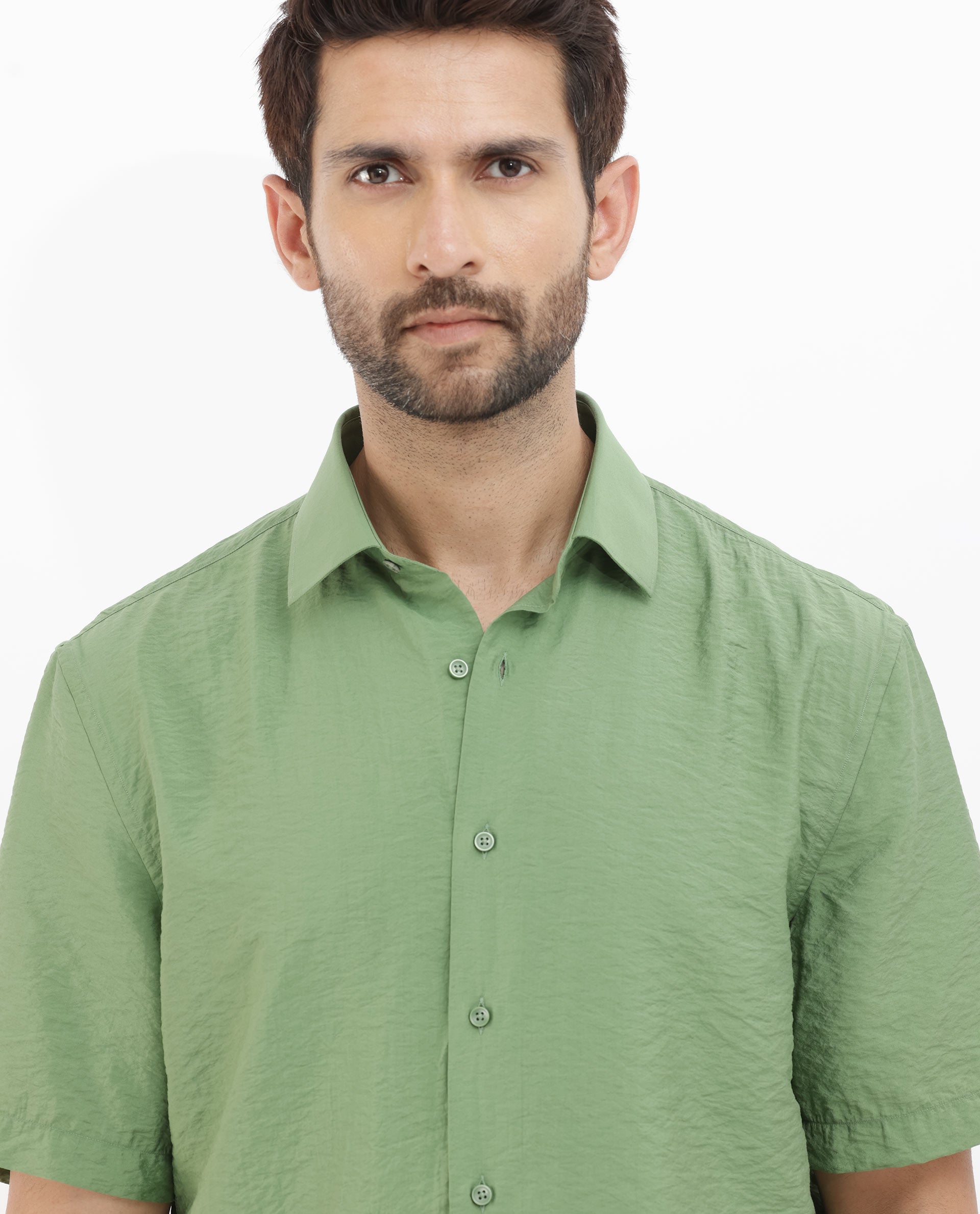 Rare Rabbit Men's Flo Green Viscose Fabric Half Sleeves Boxy Fit Creased Effect Solid Shirt