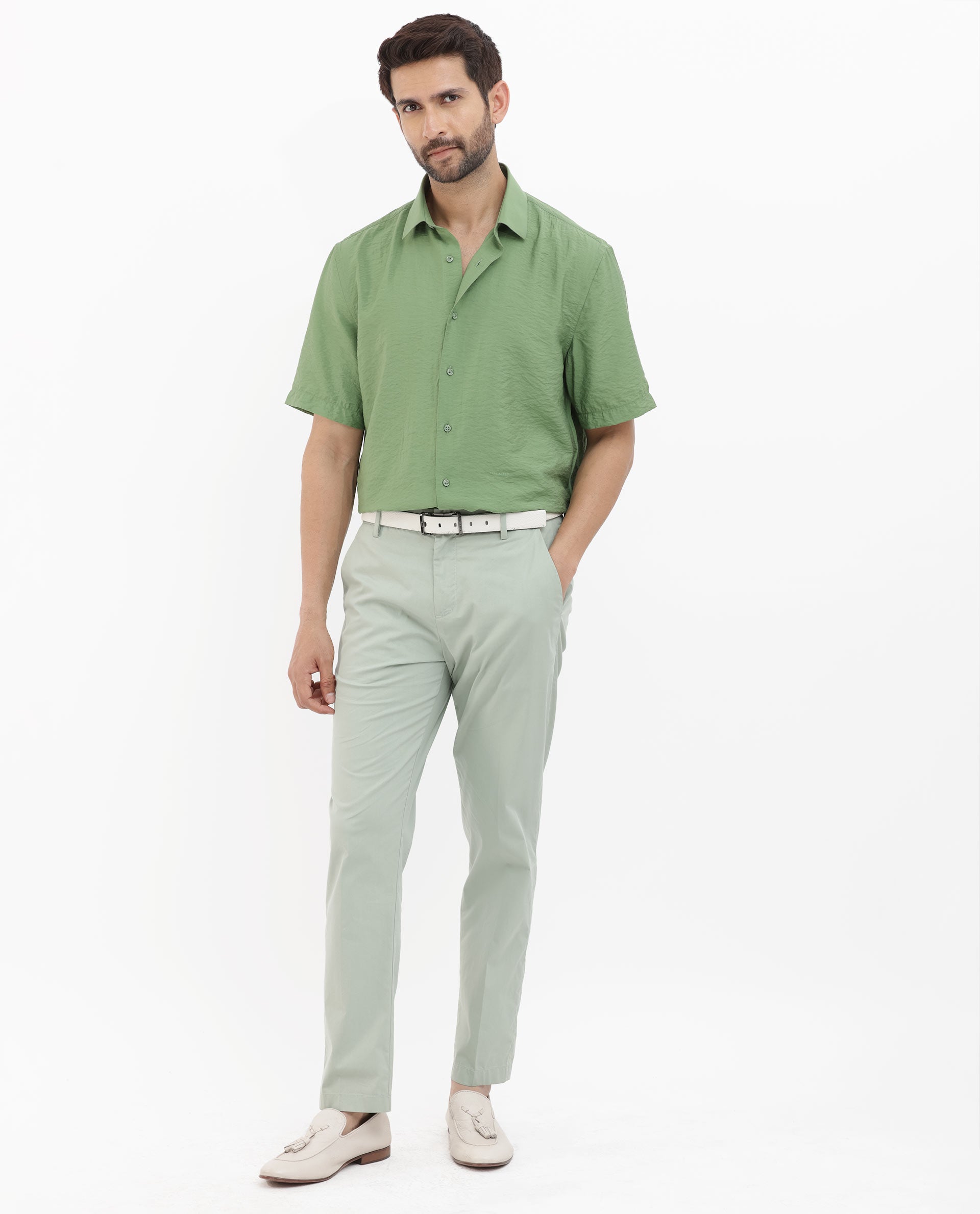 Rare Rabbit Men's Flo Green Viscose Fabric Half Sleeves Boxy Fit Creased Effect Solid Shirt