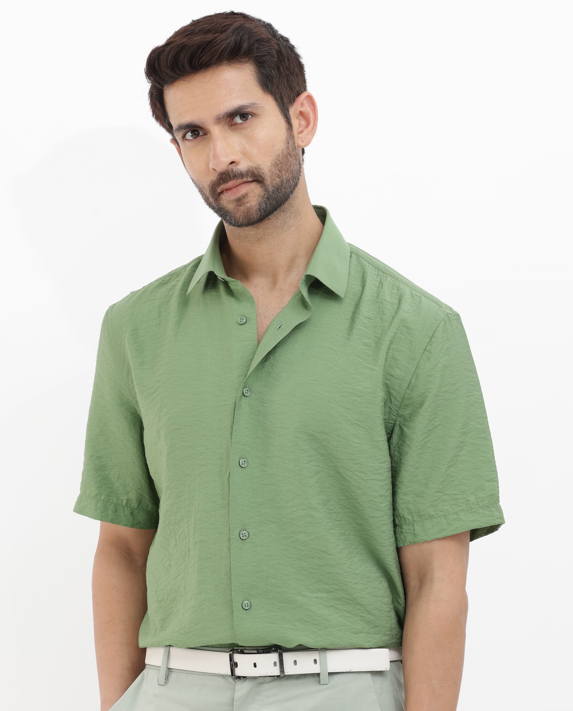 Rare Rabbit Men's Flo Green Viscose Fabric Half Sleeves Boxy Fit Creased Effect Solid Shirt