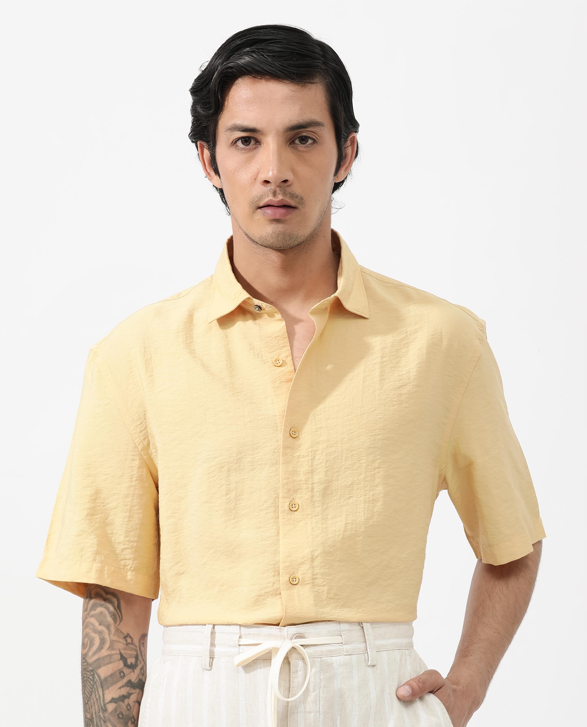 Rare Rabbit Men's Flo Light Yellow Viscose Fabric Half Sleeves Boxy Fit Creased Effect Solid Shirt