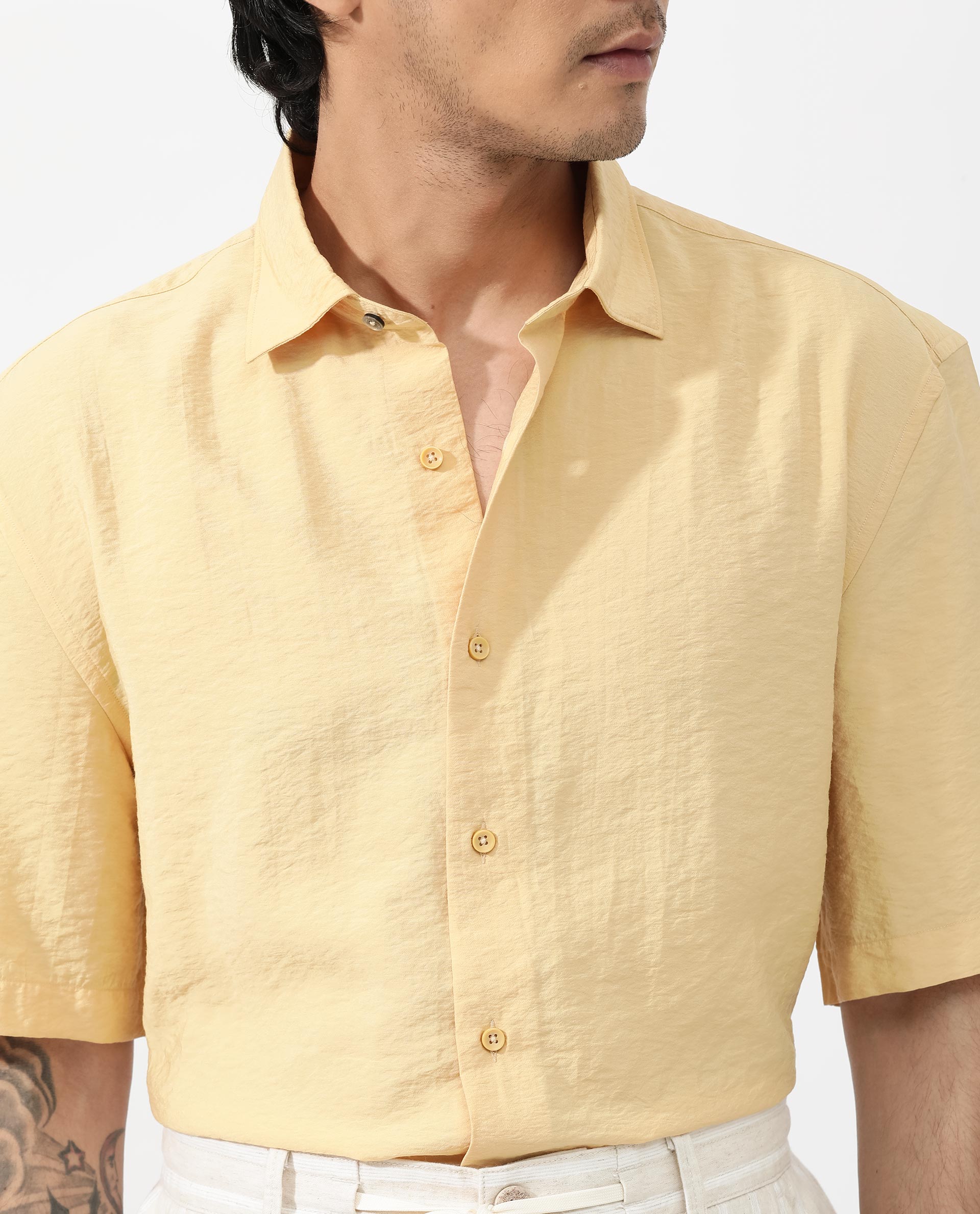 Rare Rabbit Men's Flo Light Yellow Viscose Fabric Half Sleeves Boxy Fit Creased Effect Solid Shirt