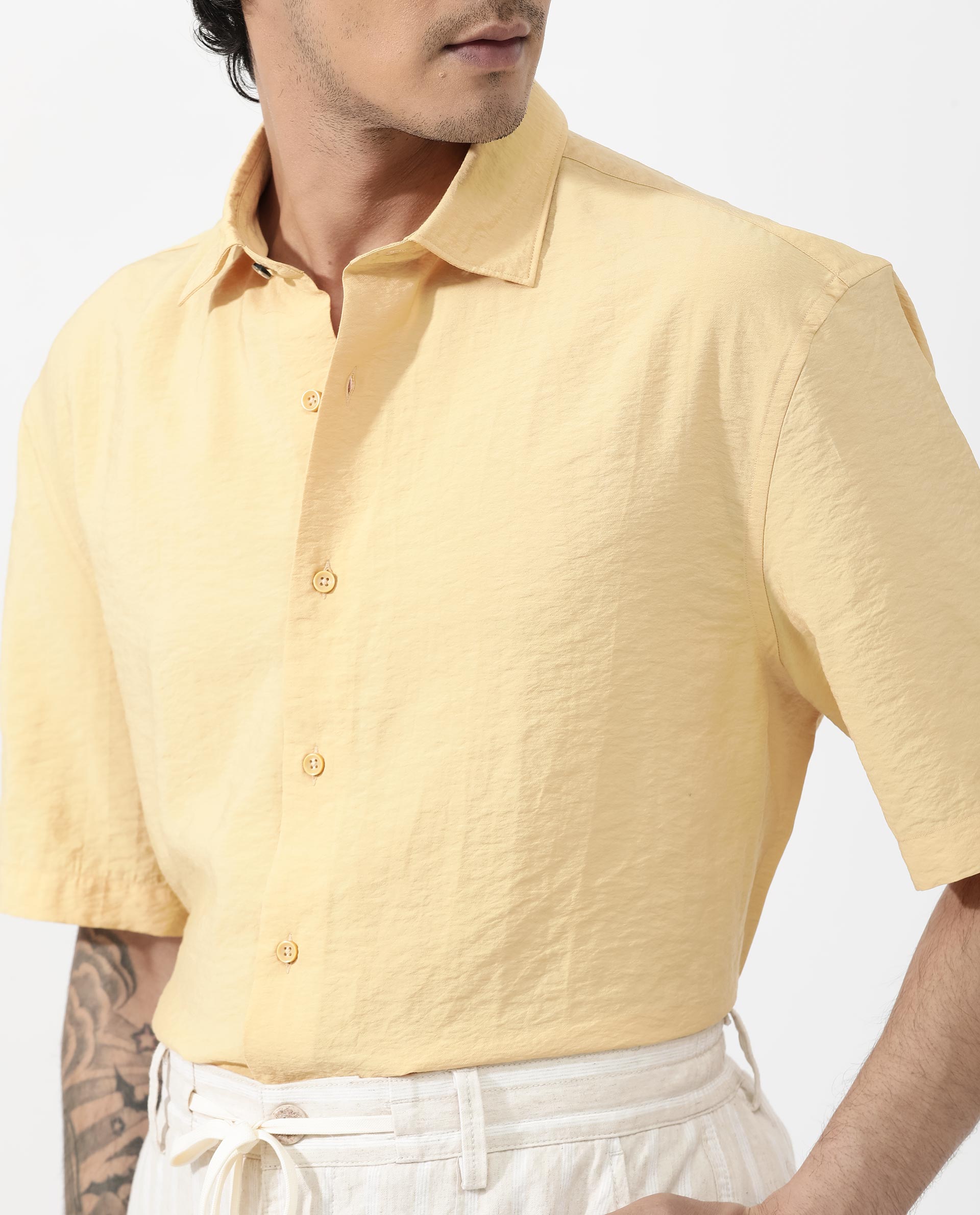 Rare Rabbit Men's Flo Light Yellow Viscose Fabric Half Sleeves Boxy Fit Creased Effect Solid Shirt