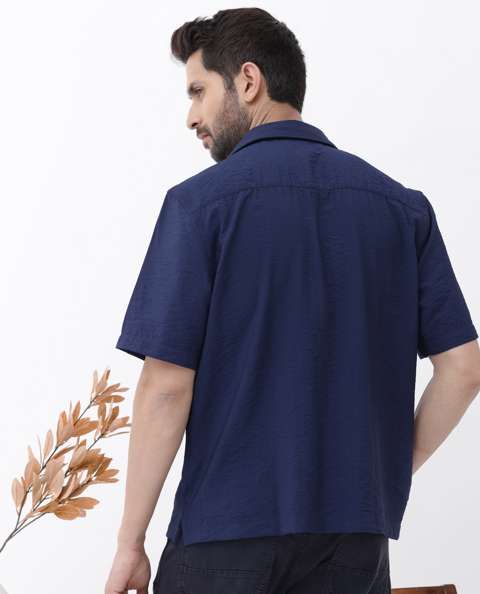 Rare Rabbit Men's Flo-11 Navy Viscose Blend Plain Boxy Fit Half Sleeve Collared Shirt