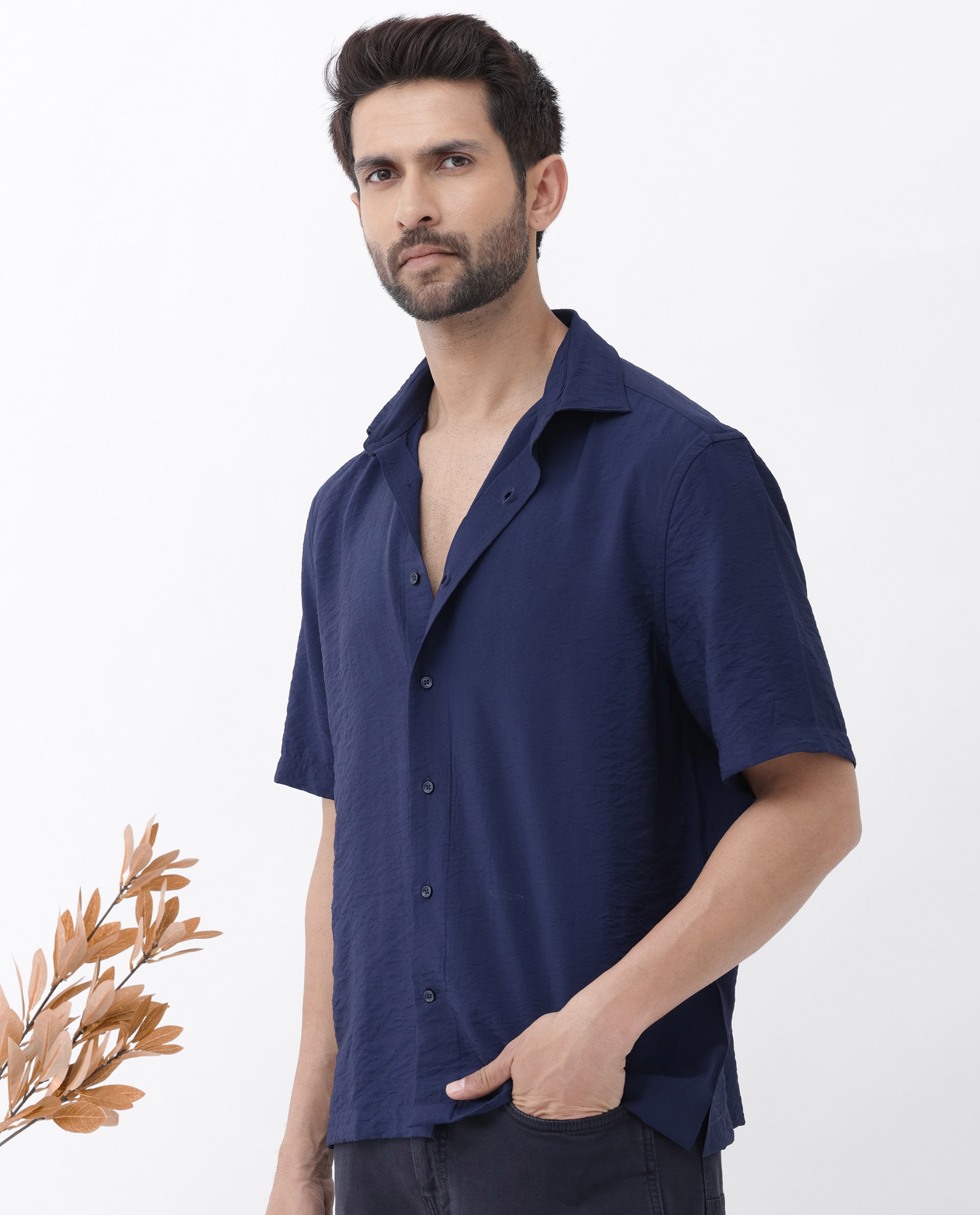 Rare Rabbit Men's Flo-11 Navy Viscose Blend Plain Boxy Fit Half Sleeve Collared Shirt