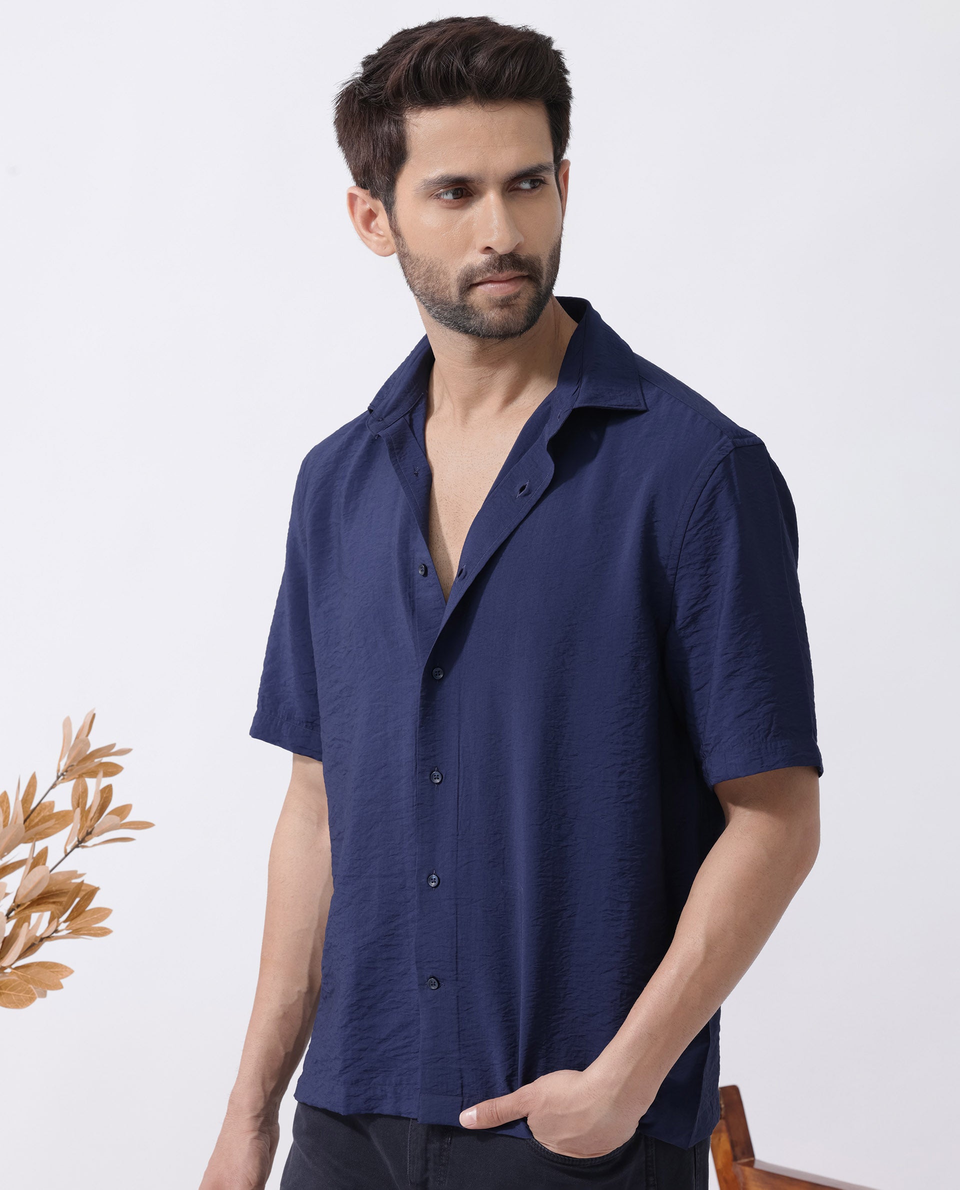 Rare Rabbit Men's Flo Navy Viscose Fabric Half Sleeves Boxy Fit Creased Effect Solid Shirt