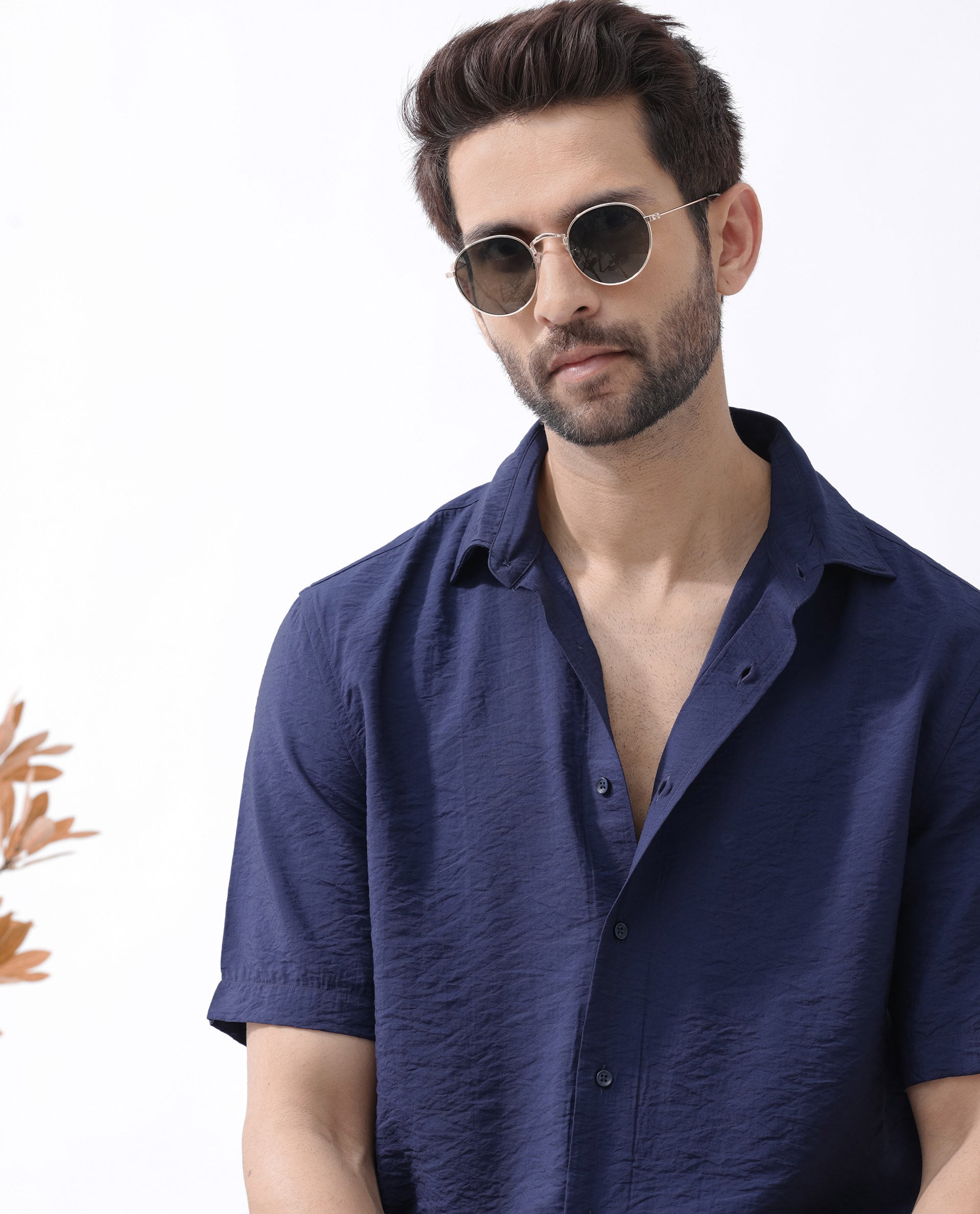 Rare Rabbit Men's Flo Navy Viscose Fabric Half Sleeves Boxy Fit Creased Effect Solid Shirt