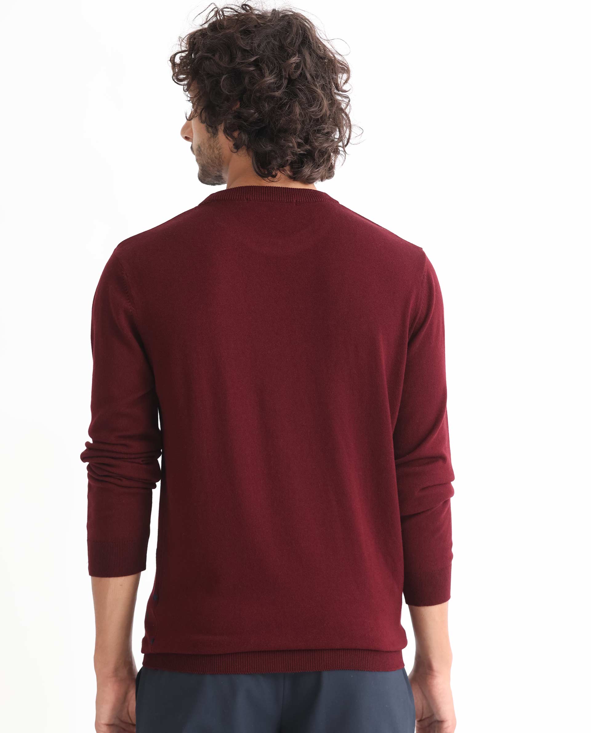 Rare Rabbit Mens Flock Dark Maroon Viscose Nylon Fabric Crew Neck Full Sleeves Flock Printed Polka Dot Sweater