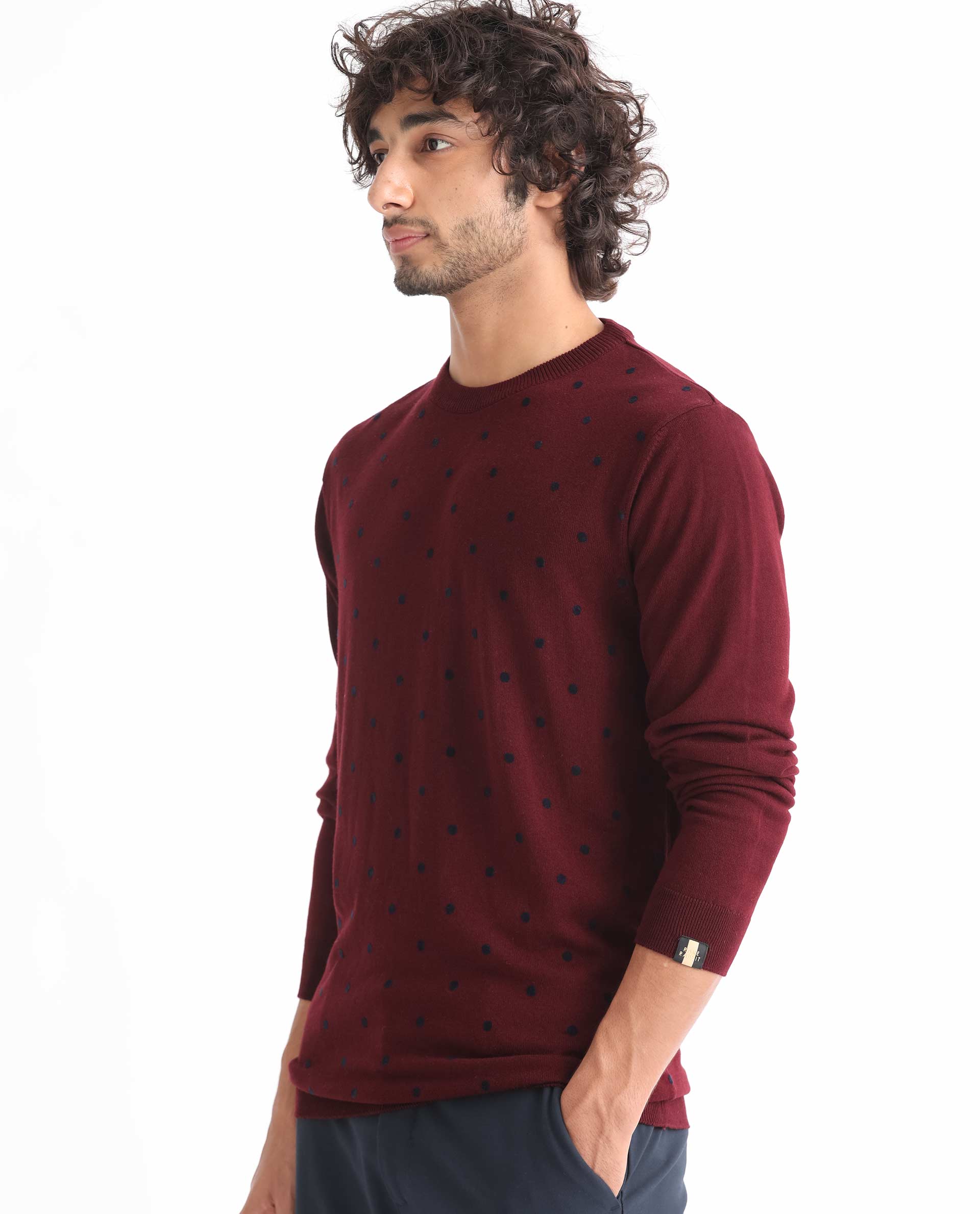 Rare Rabbit Mens Flock Dark Maroon Viscose Nylon Fabric Crew Neck Full Sleeves Flock Printed Polka Dot Sweater