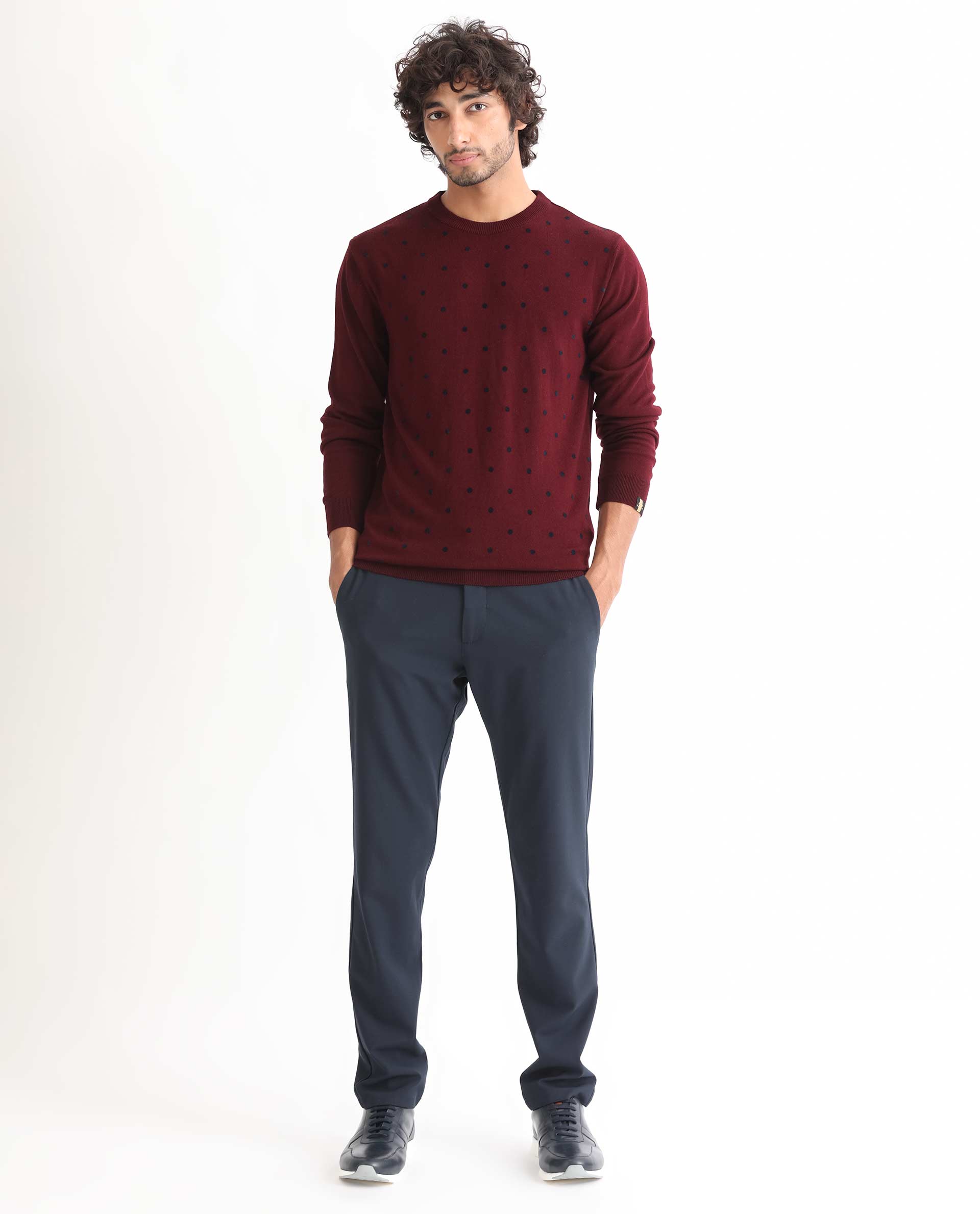 Rare Rabbit Mens Flock Dark Maroon Viscose Nylon Fabric Crew Neck Full Sleeves Flock Printed Polka Dot Sweater