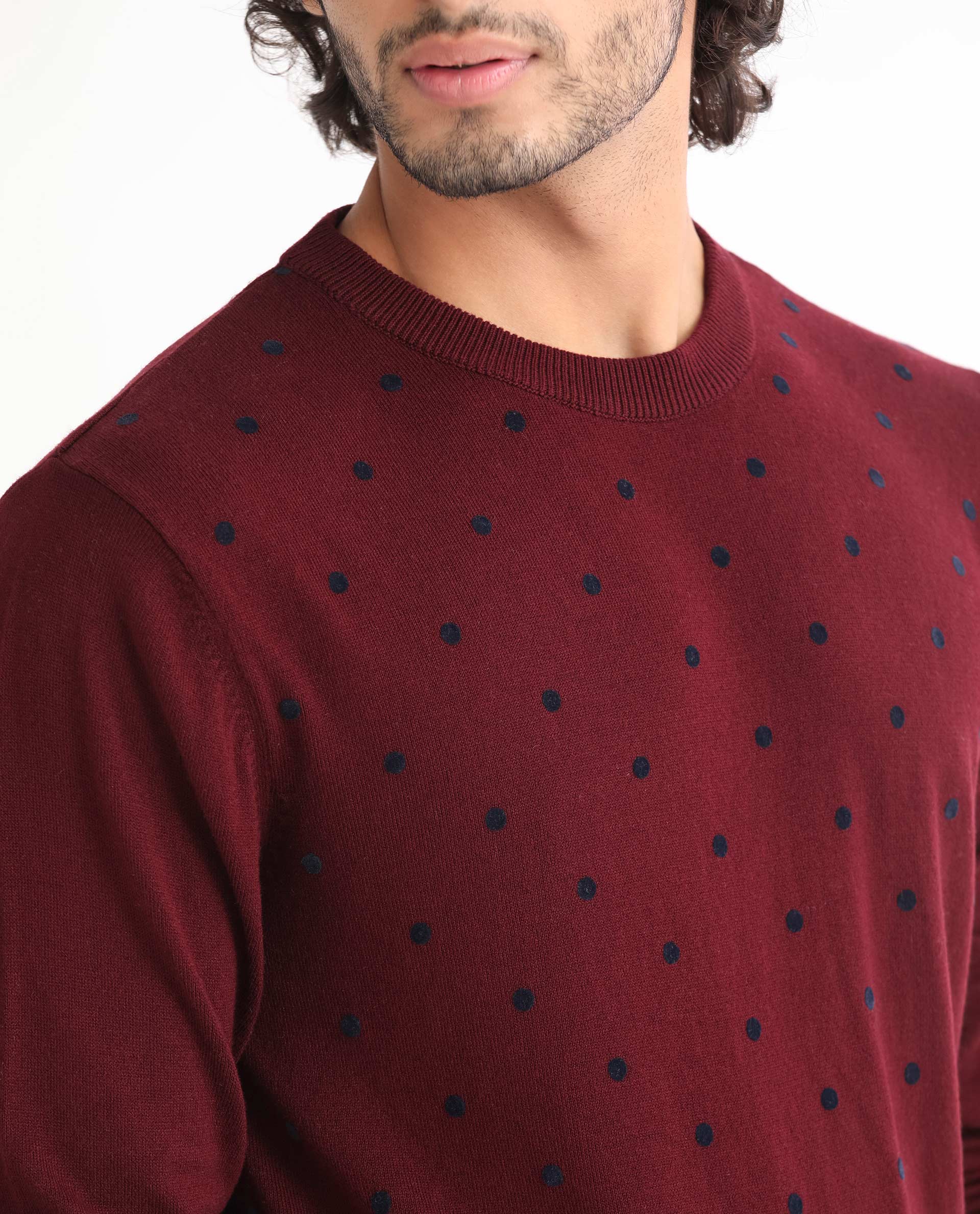 Rare Rabbit Mens Flock Dark Maroon Viscose Nylon Fabric Crew Neck Full Sleeves Flock Printed Polka Dot Sweater