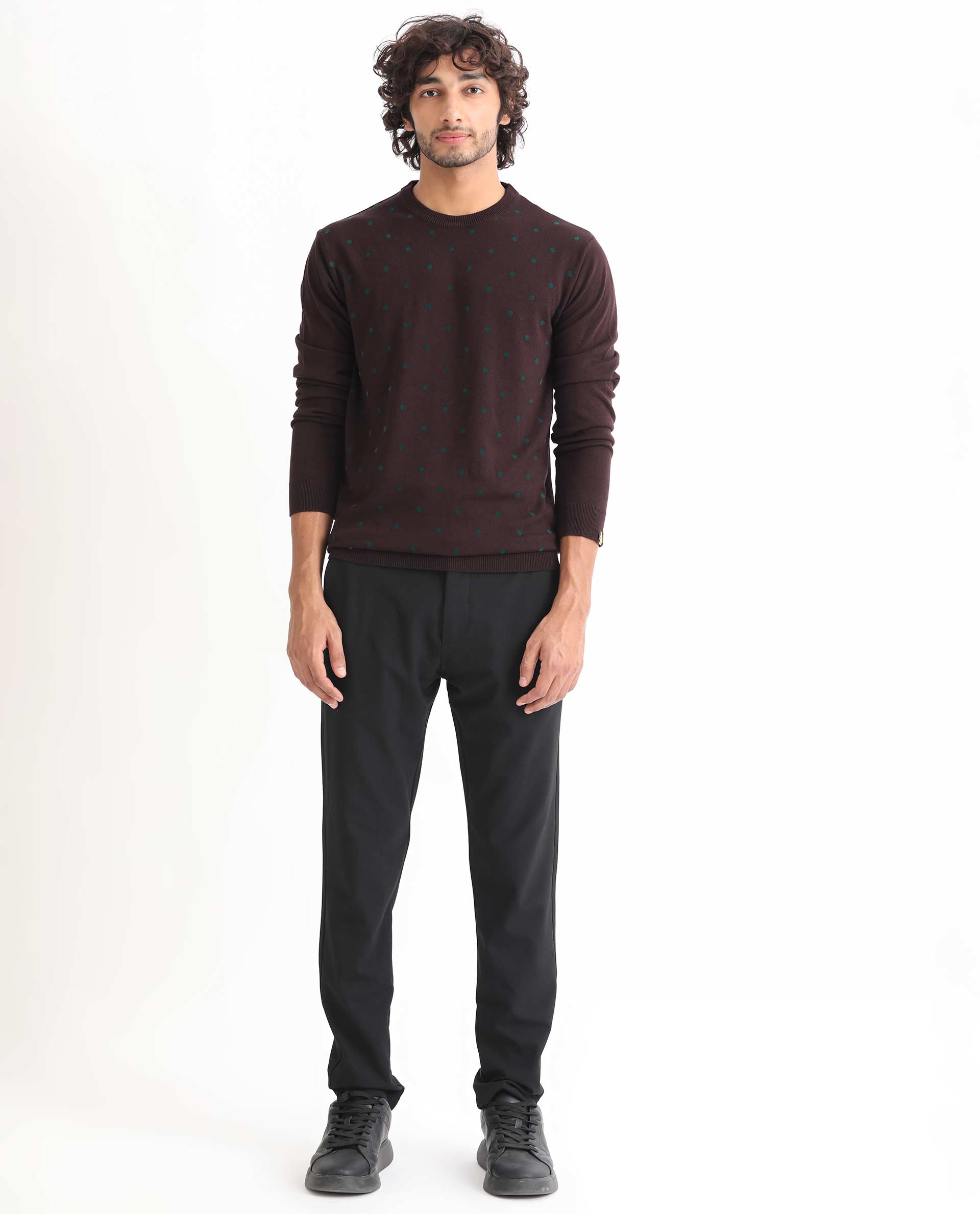 Rare Rabbit Mens Flock Maroon Viscose Nylon Fabric Crew Neck Full Sleeves Flock Printed Polka Dot Sweater