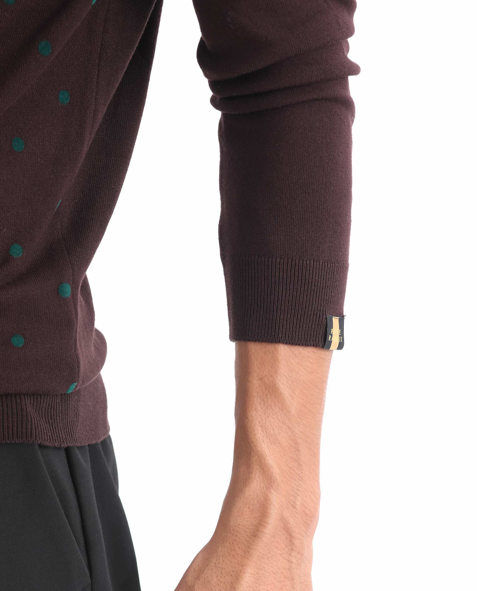 Rare Rabbit Mens Flock Maroon Viscose Nylon Fabric Crew Neck Full Sleeves Flock Printed Polka Dot Sweater