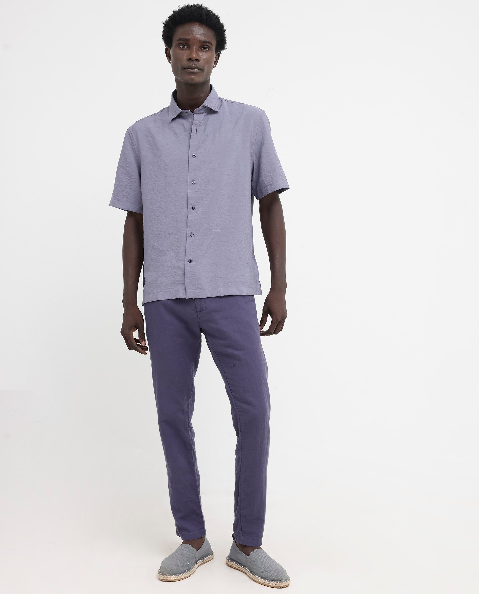 Rare Rabbit Men's Flo Dusky Purple Viscose Fabric Half Sleeves Boxy Fit Creased Effect Solid Shirt