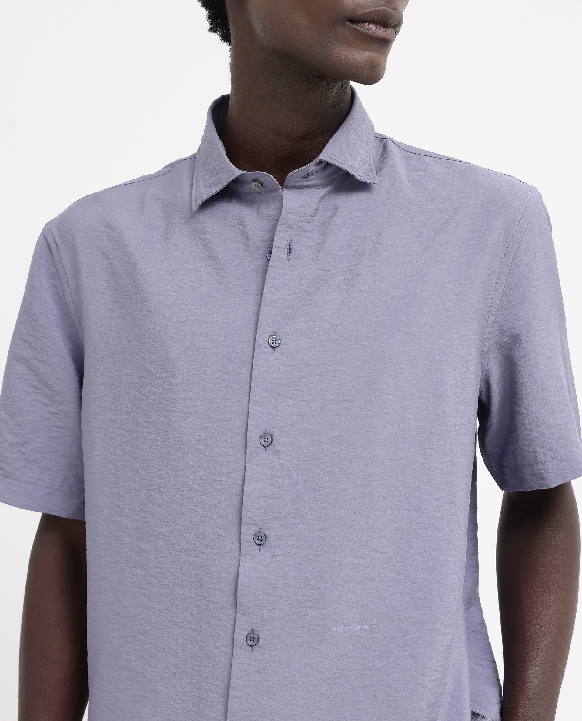 Rare Rabbit Men's Flo Dusky Purple Viscose Fabric Half Sleeves Boxy Fit Creased Effect Solid Shirt
