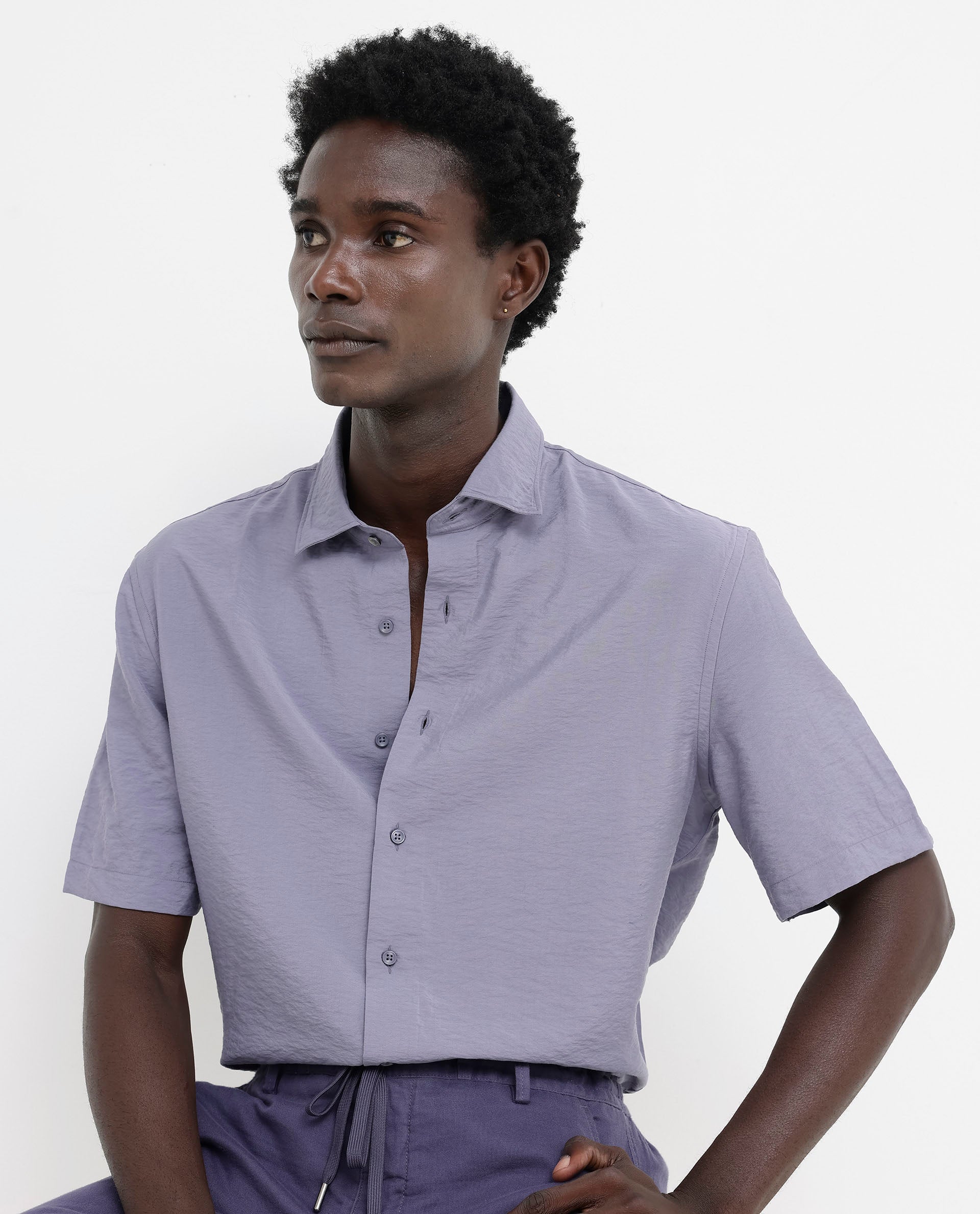 Rare Rabbit Men's Flo Dusky Purple Viscose Fabric Half Sleeves Boxy Fit Creased Effect Solid Shirt