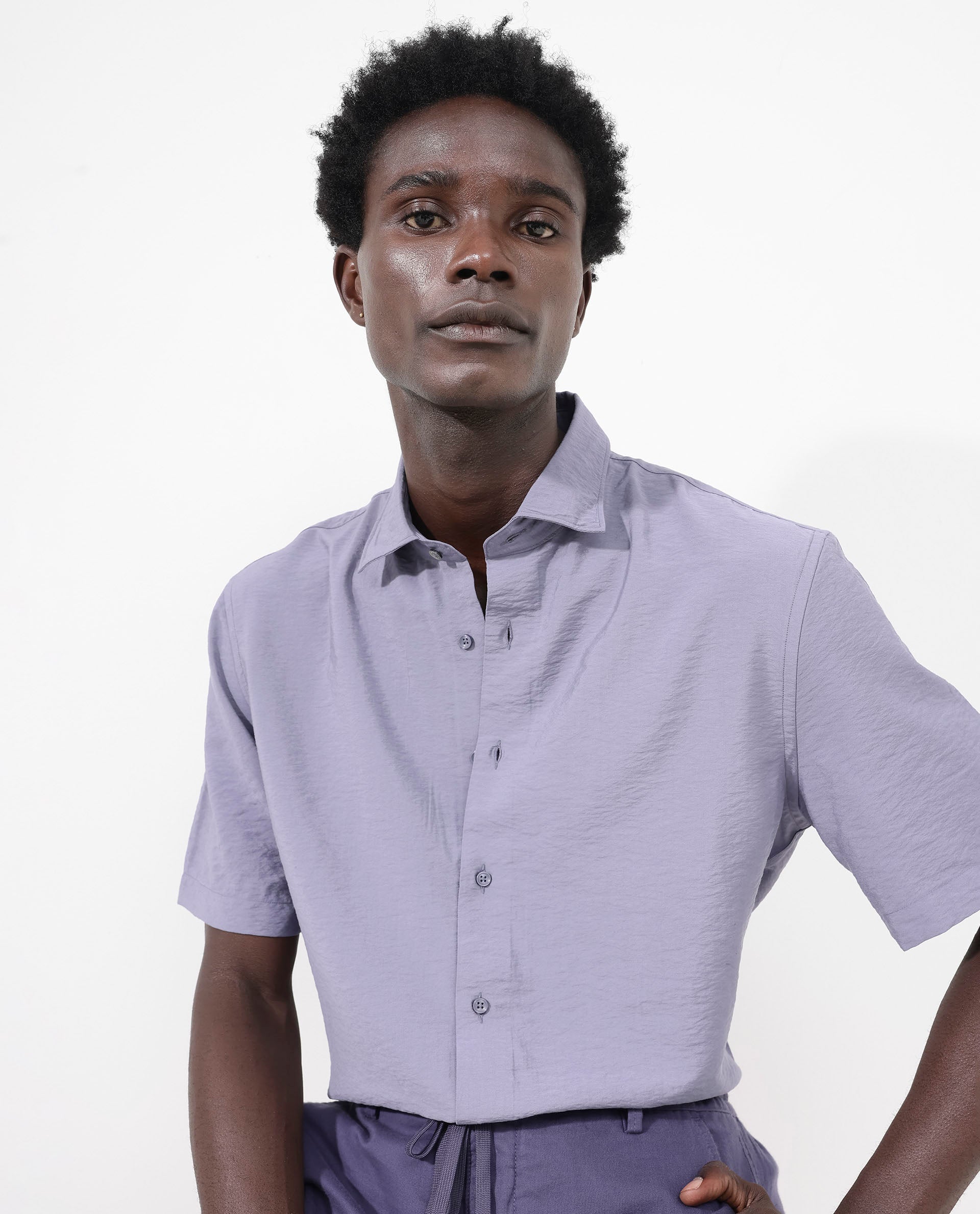 Rare Rabbit Men's Flo Dusky Purple Viscose Fabric Half Sleeves Boxy Fit Creased Effect Solid Shirt