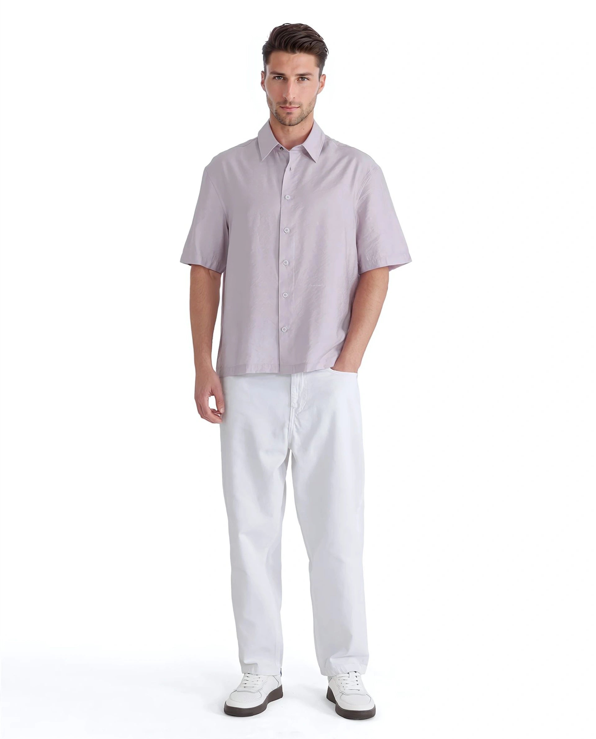 Rare Rabbit Men Flo Light Pink Viscose Nylon Fabric Short Sleeves Collared Neck Button Closure Boxy Fit Plain Shirt