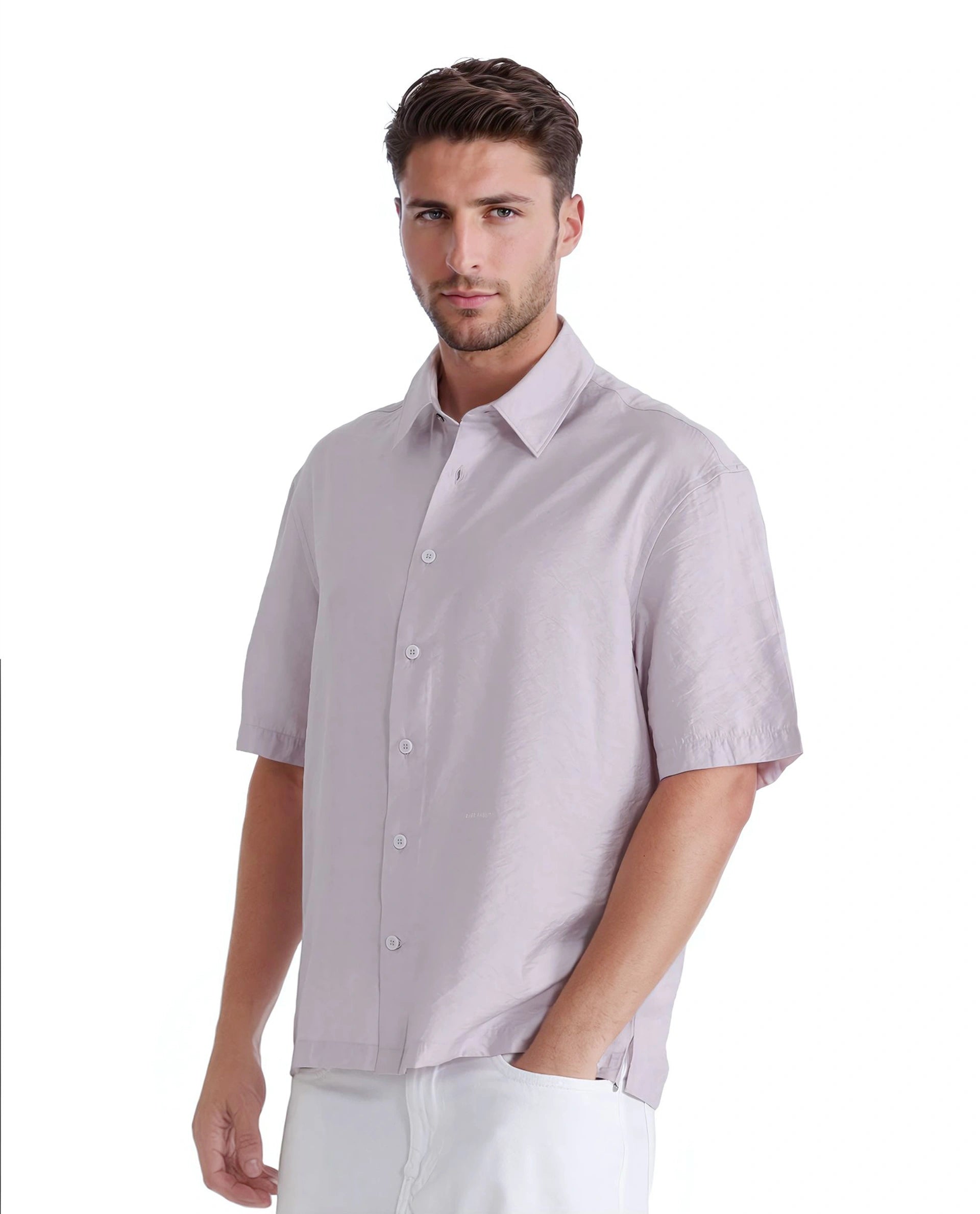 Rare Rabbit Men Flo Light Pink Viscose Nylon Fabric Short Sleeves Collared Neck Button Closure Boxy Fit Plain Shirt