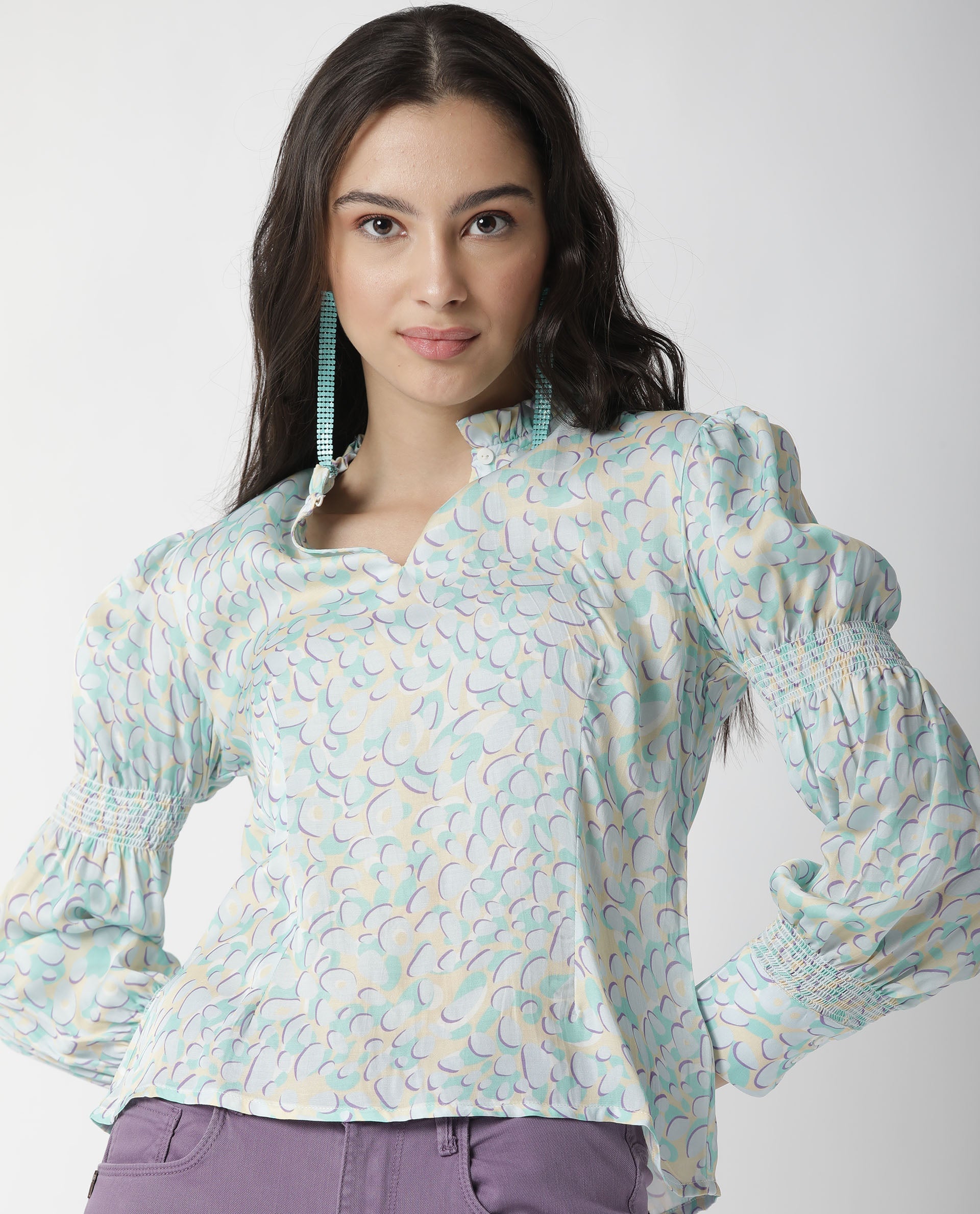 Rareism Womens Floor Purple Top Modal Satin Fabric Regular Fit Full Sleeve Ruffled Neck