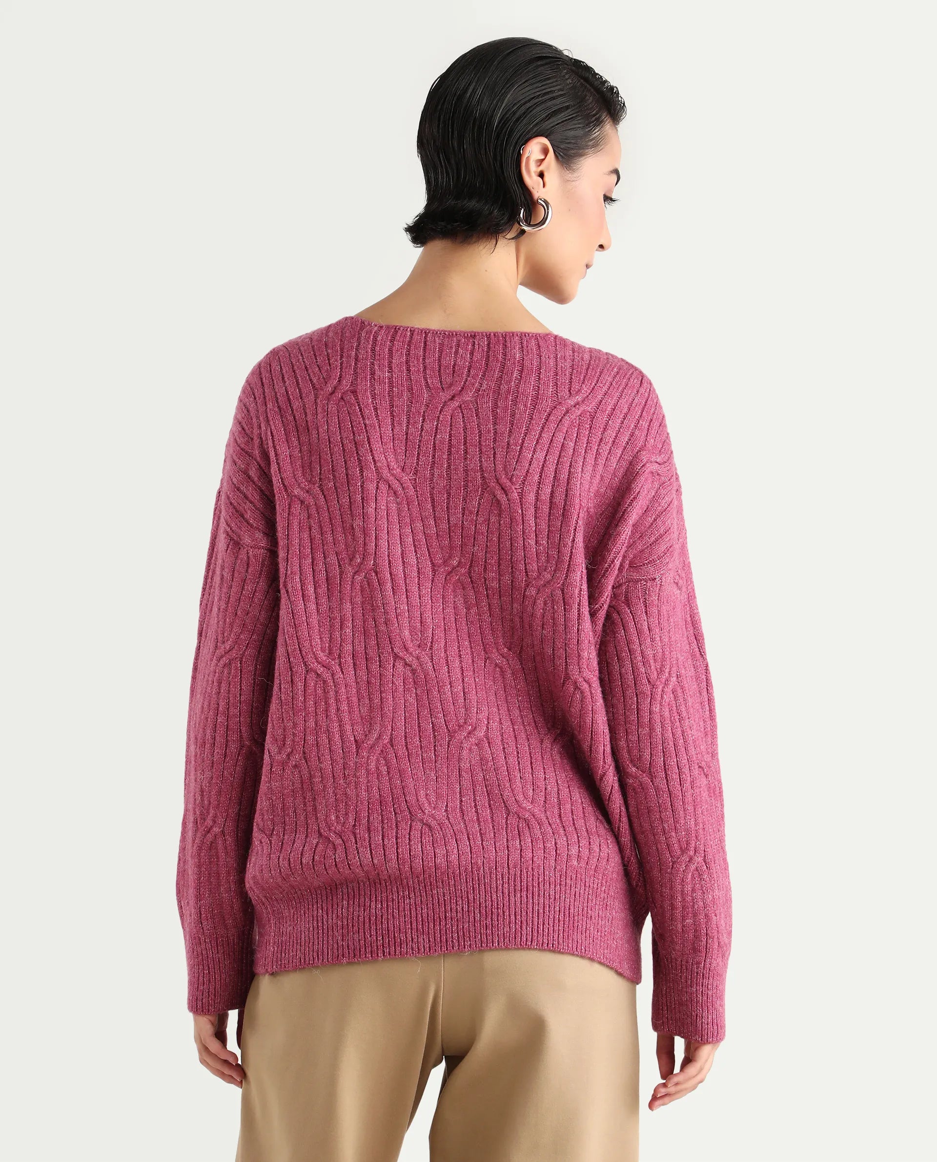 Rareism Women's Floran Pink Cotton Crew Neck Plain Relaxed Fit Sweater
