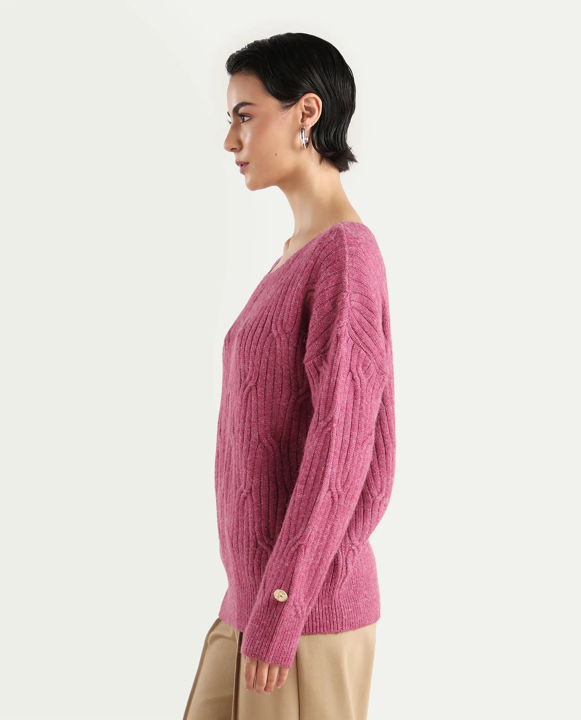 Rareism Women's Floran Pink Cotton Crew Neck Plain Relaxed Fit Sweater