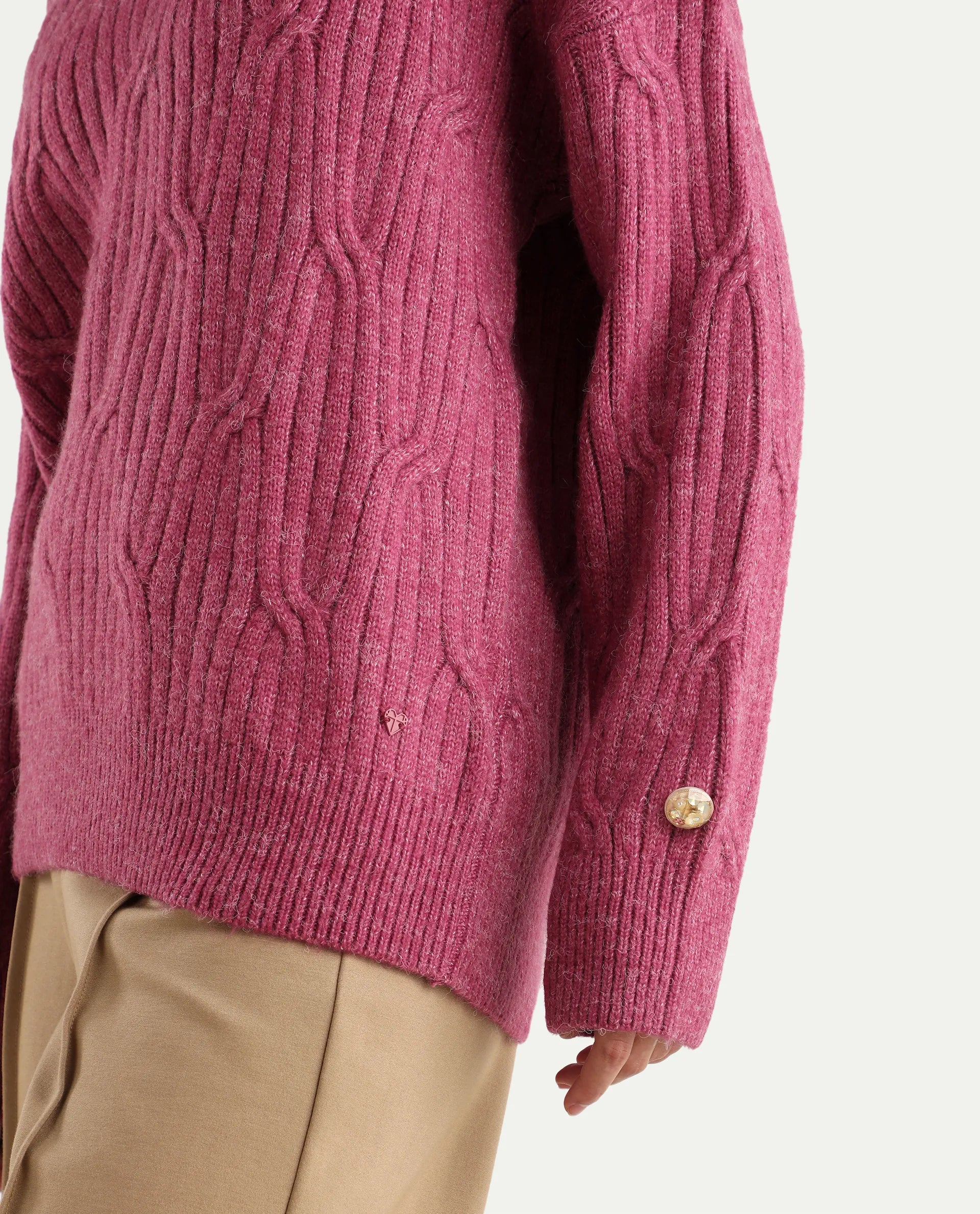 Rareism Women's Floran Pink Cotton Crew Neck Plain Relaxed Fit Sweater