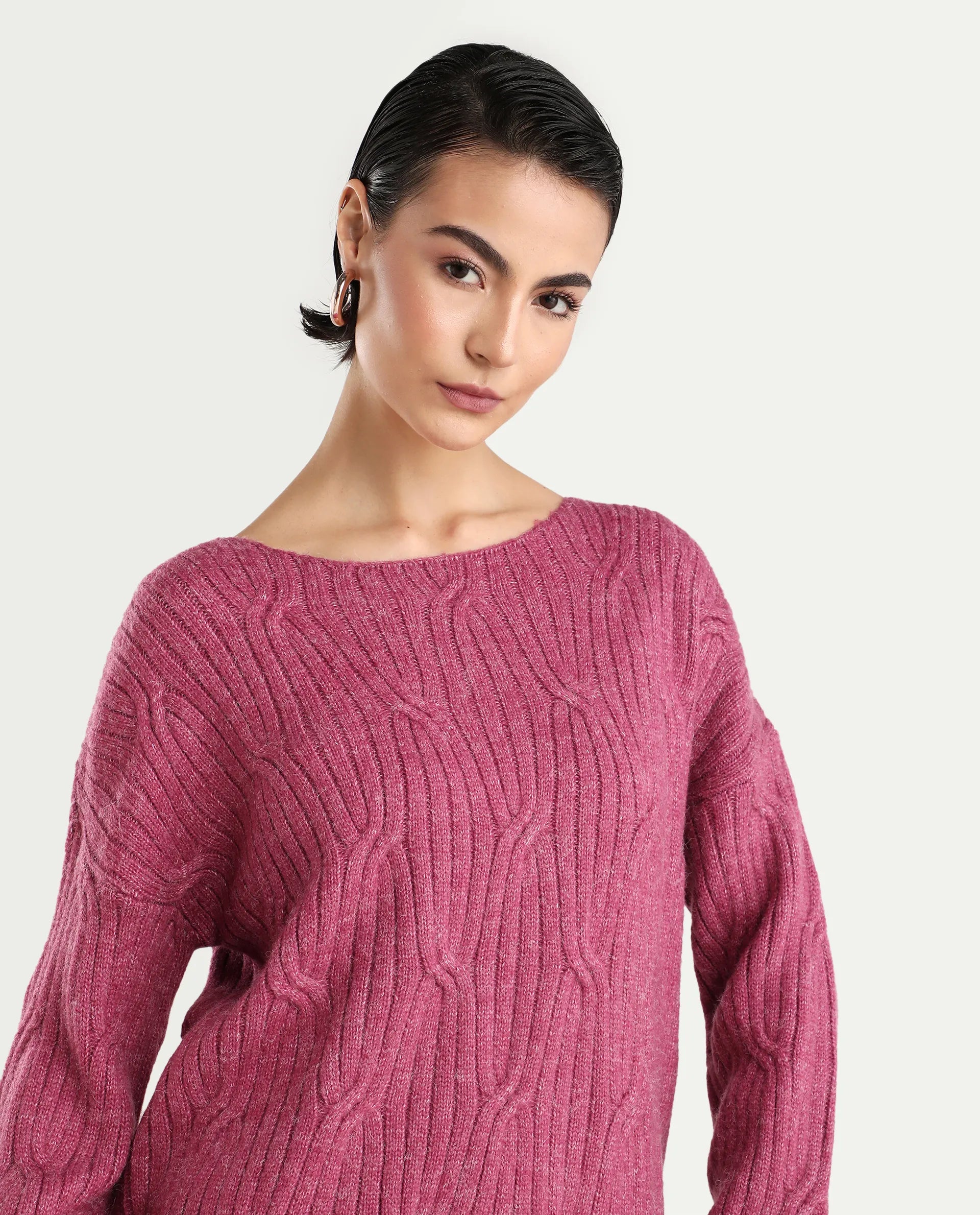 Rareism Women's Floran Pink Cotton Crew Neck Plain Relaxed Fit Sweater