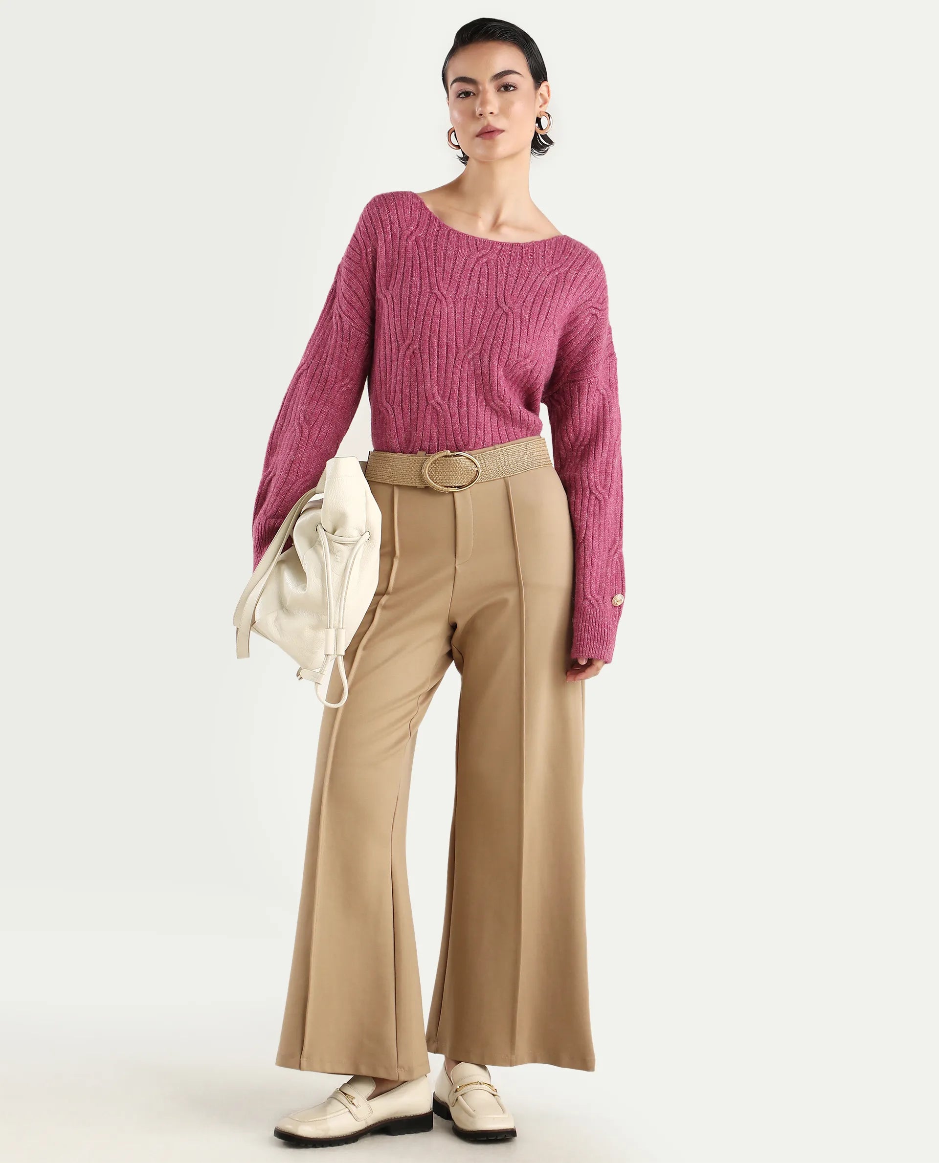 Rareism Women's Floran Pink Cotton Crew Neck Plain Relaxed Fit Sweater