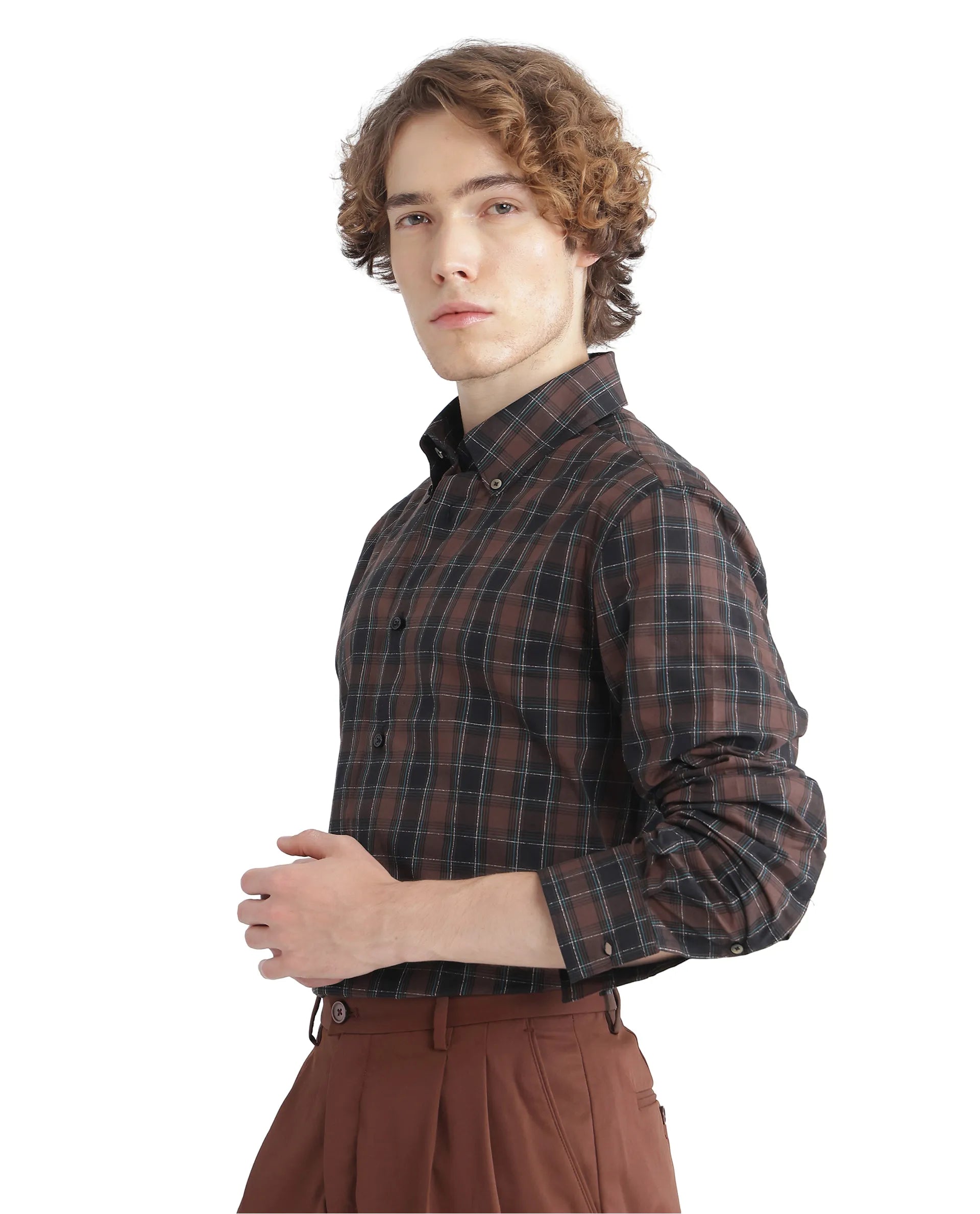 Rare Rabbit Men's Flor Dark Brown Cotton Fabric Full Sleeve Collared Neck Checks Shirt