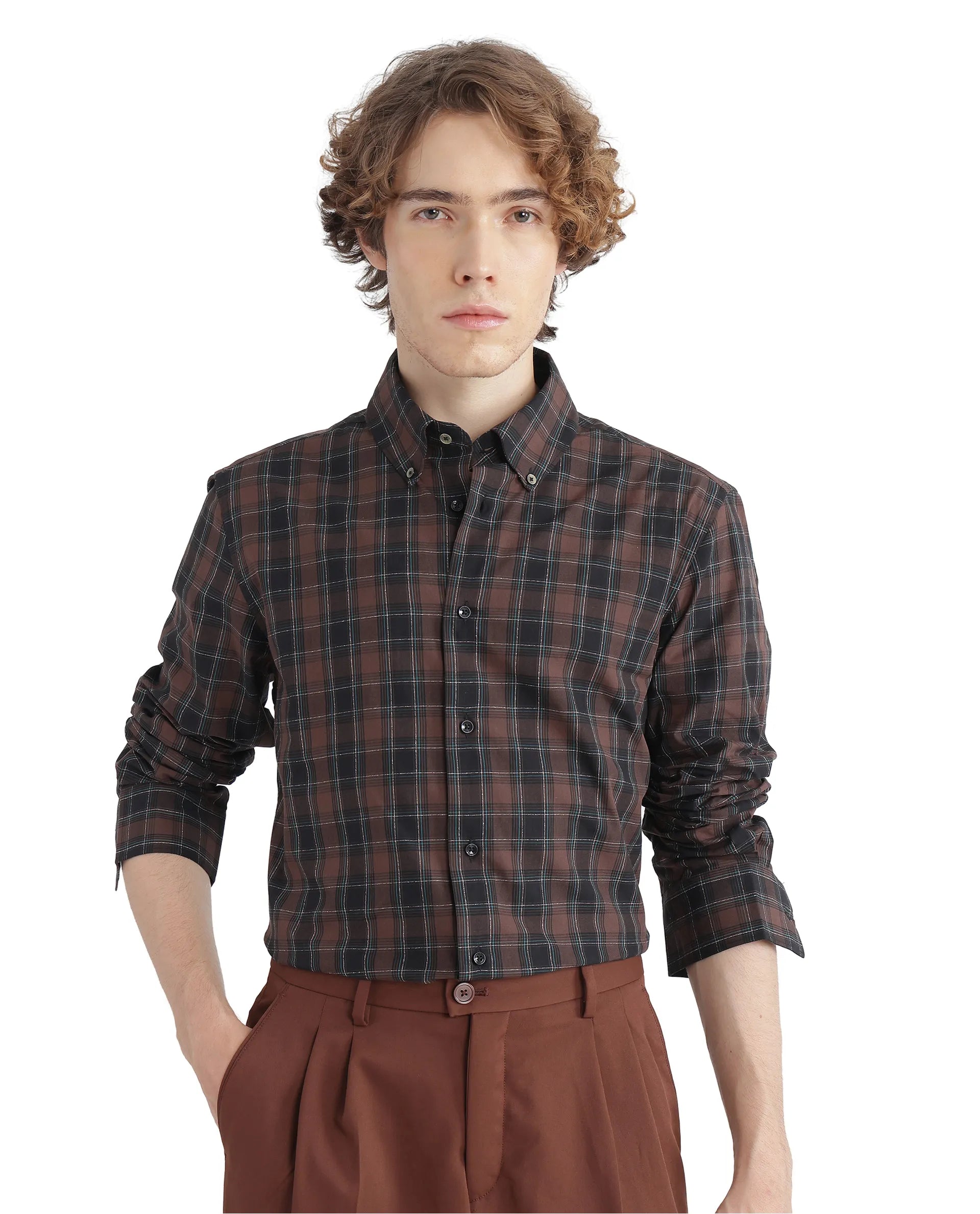 Rare Rabbit Men's Flor Dark Brown Cotton Fabric Full Sleeve Collared Neck Checks Shirt