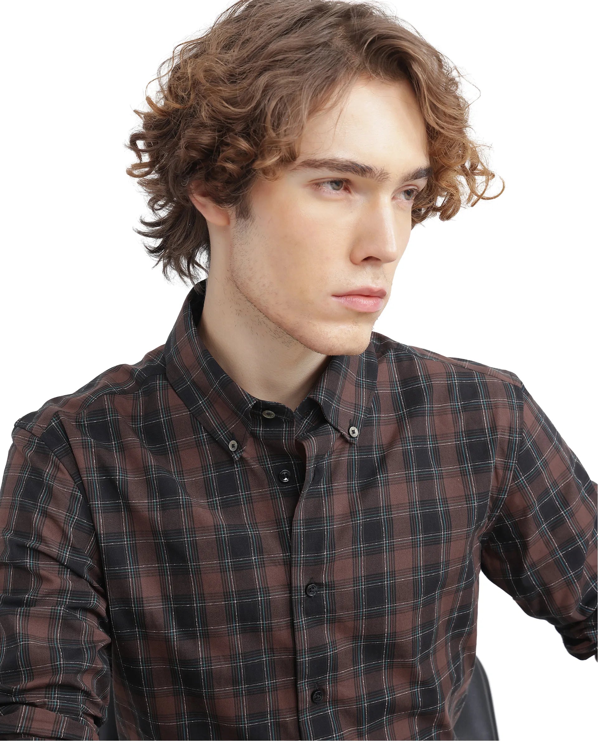 Rare Rabbit Men's Flor Dark Brown Cotton Fabric Full Sleeve Collared Neck Checks Shirt