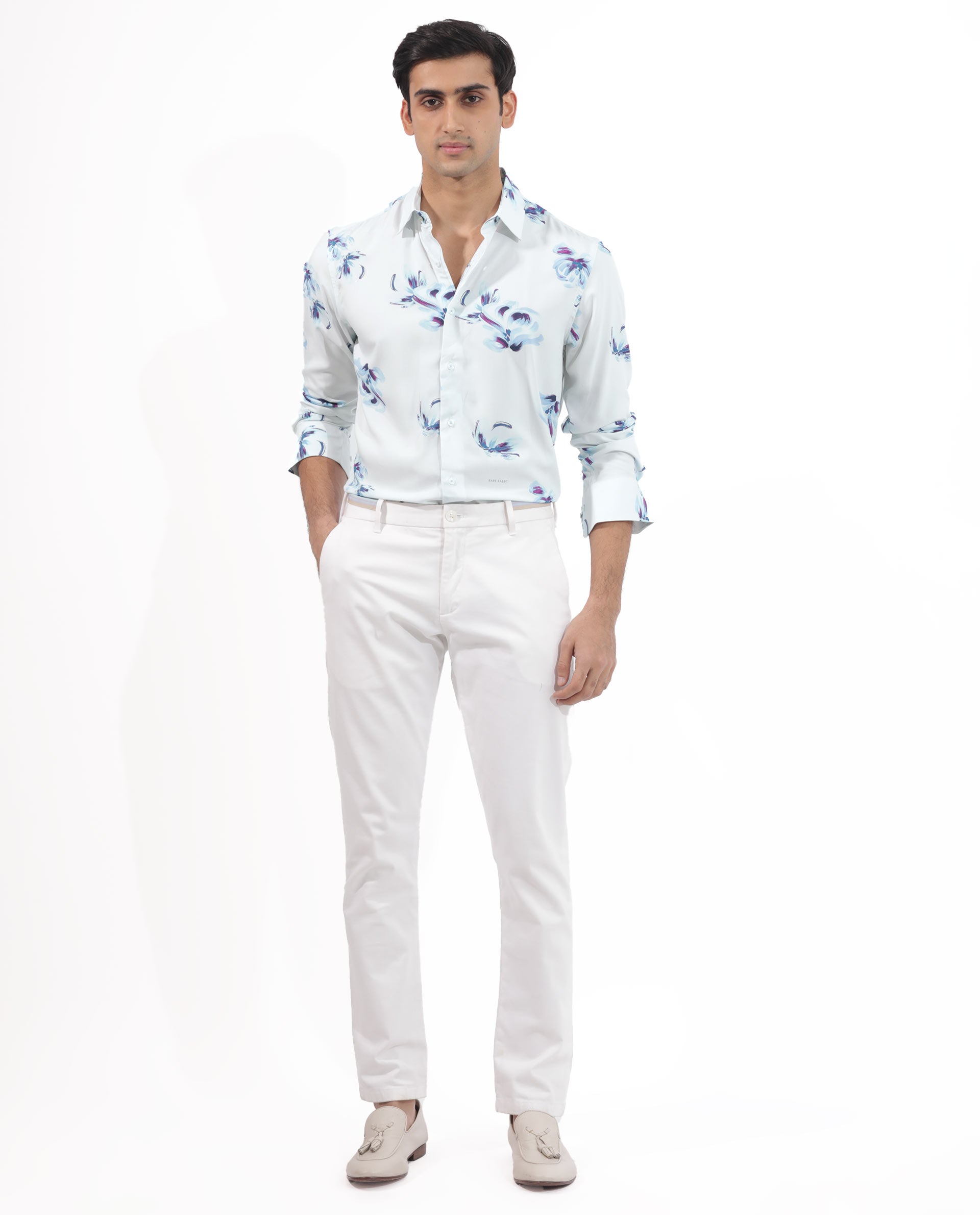 Rare Rabbit Men's Floren White Viscose Fabric Full Sleeves Floral Print Shirt