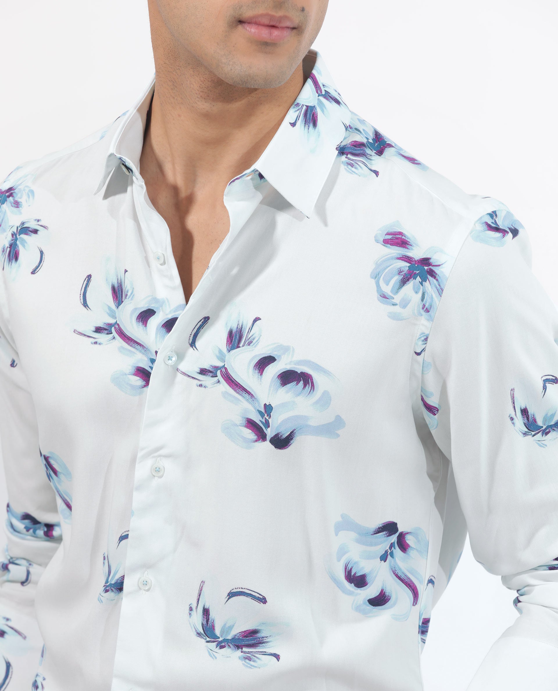 Rare Rabbit Men's Floren White Viscose Fabric Full Sleeves Floral Print Shirt