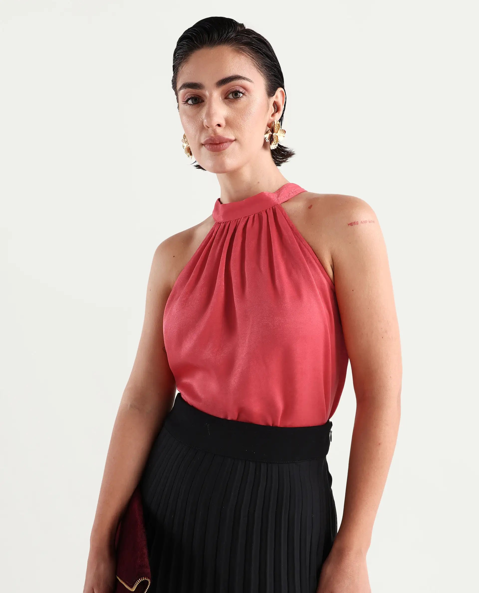 Rareism Women's Floren Light Orange Polyester Halter Neck Plain Sleeveless Regular Fit Top