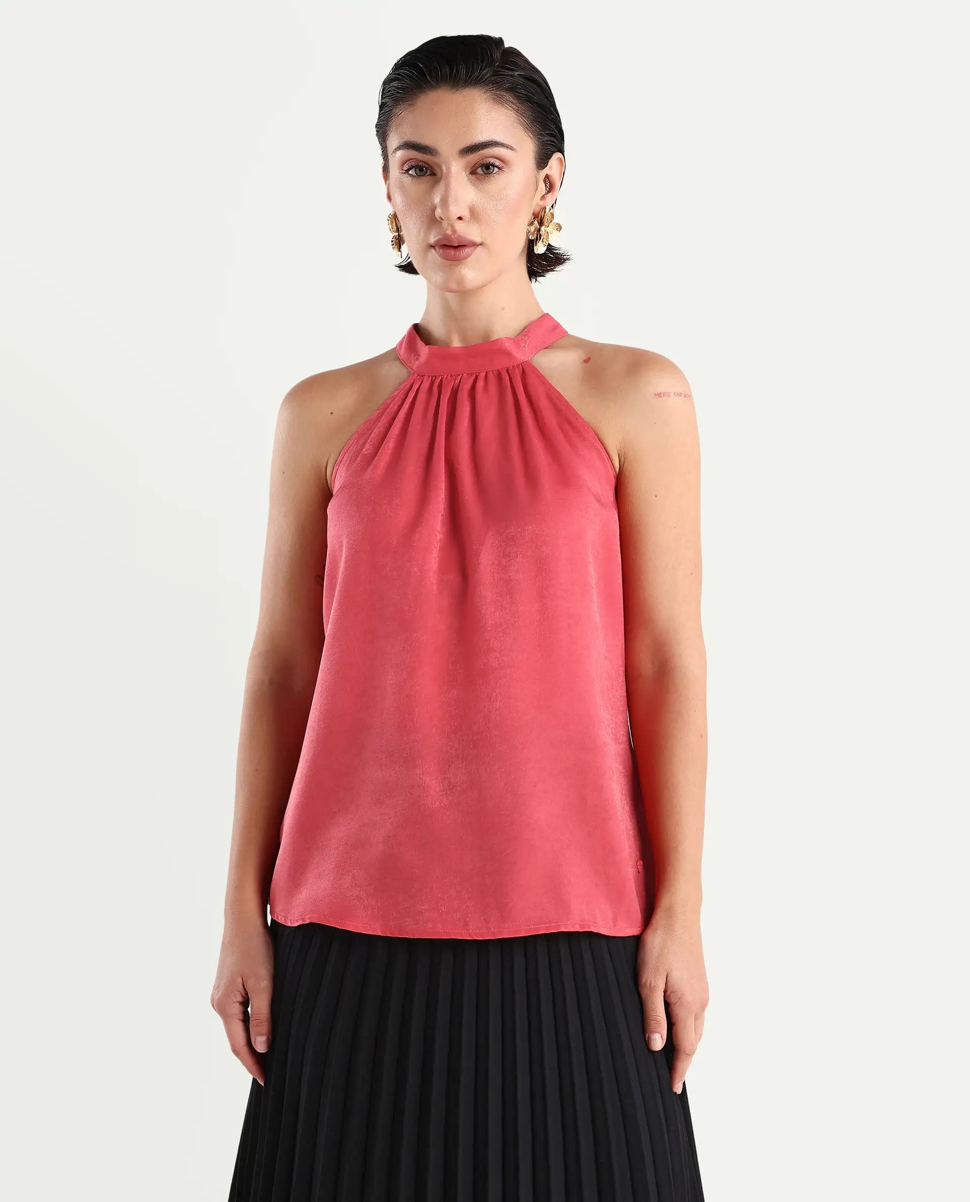 Rareism Women's Floren Light Orange Polyester Halter Neck Plain Sleeveless Regular Fit Top