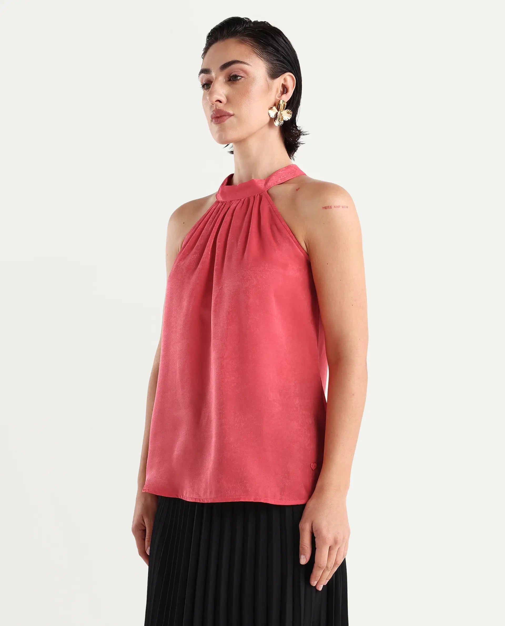 Rareism Women's Floren Light Orange Polyester Halter Neck Plain Sleeveless Regular Fit Top