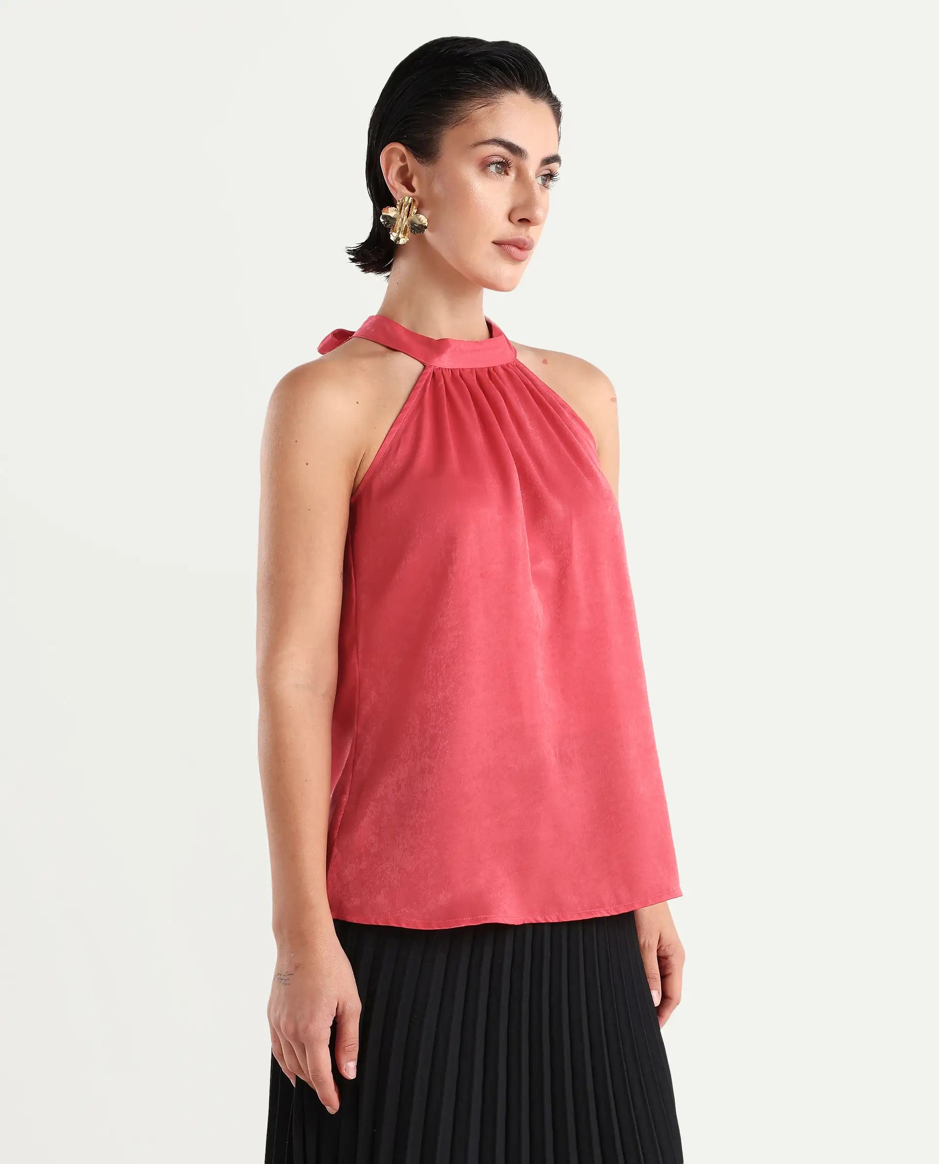 Rareism Women's Floren Light Orange Polyester Halter Neck Plain Sleeveless Regular Fit Top