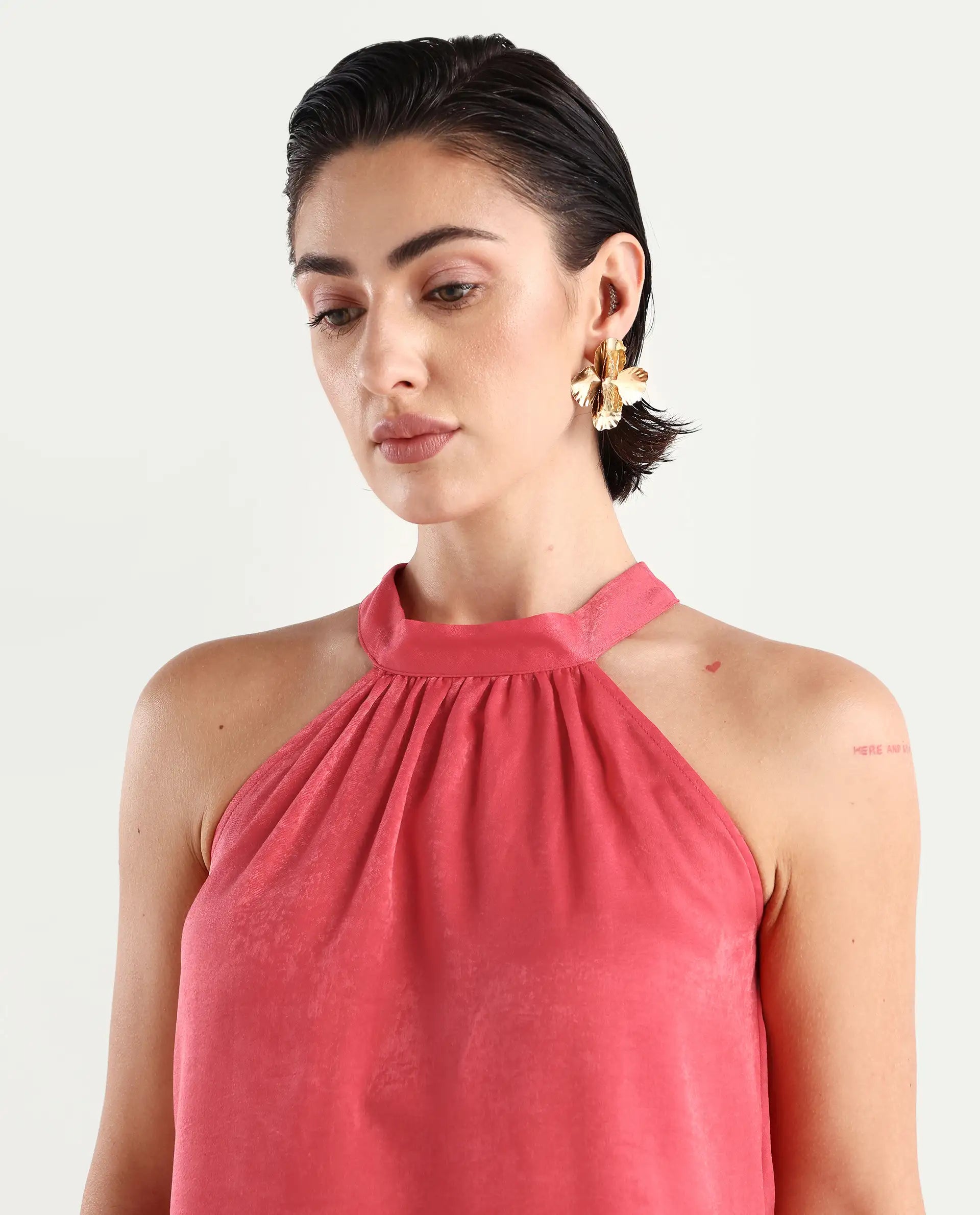 Rareism Women's Floren Light Orange Polyester Halter Neck Plain Sleeveless Regular Fit Top